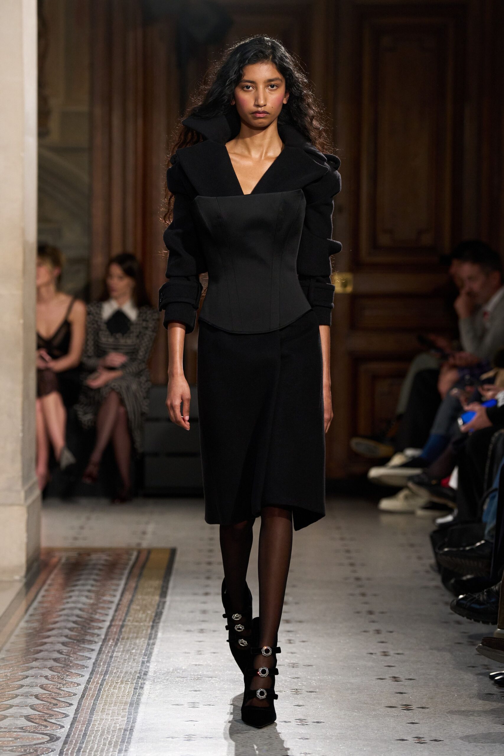 black cotton long-sleeve v-neck fitted structured midi dress
