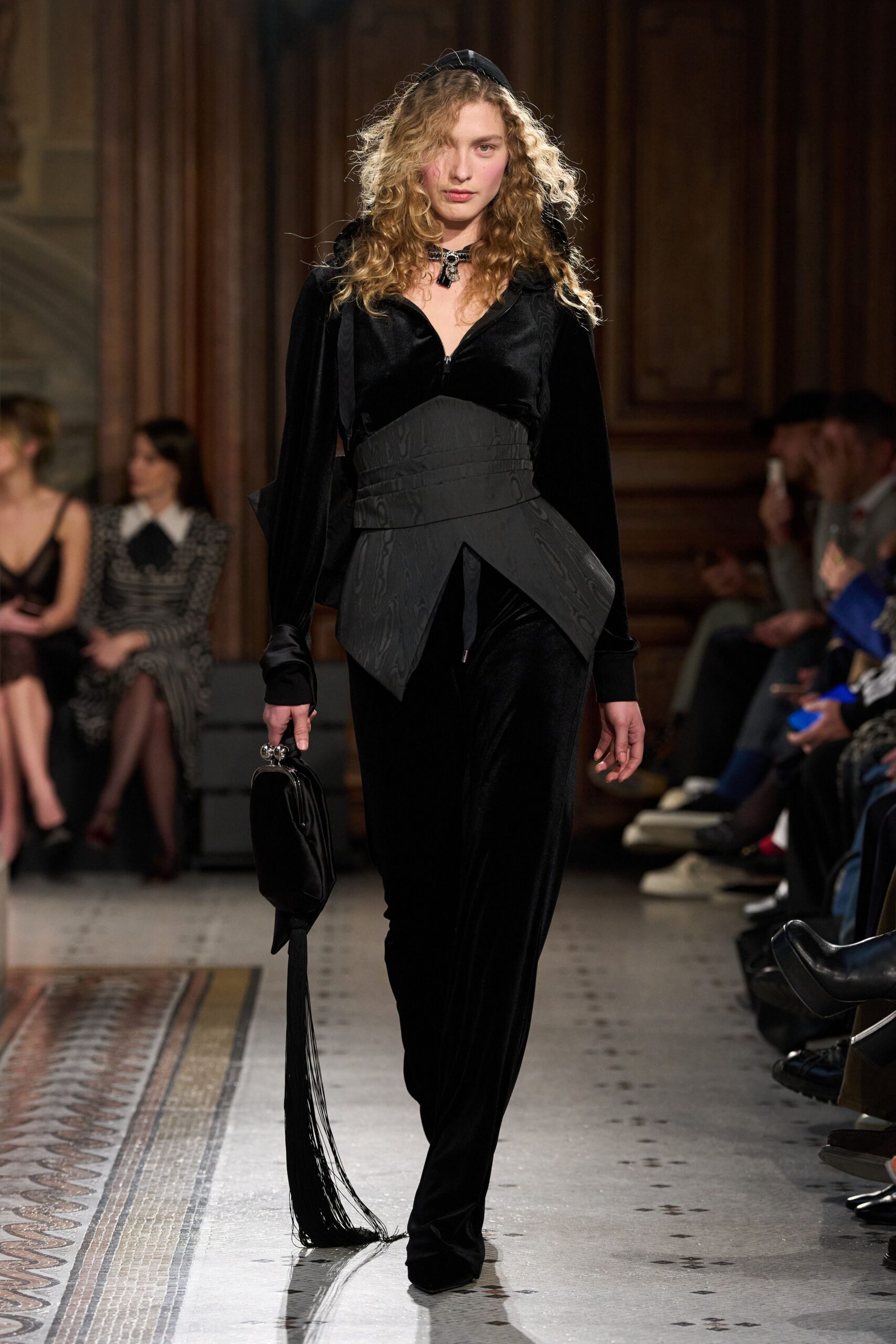 black velvet long-sleeve v-neck fitted pleated jumpsuit