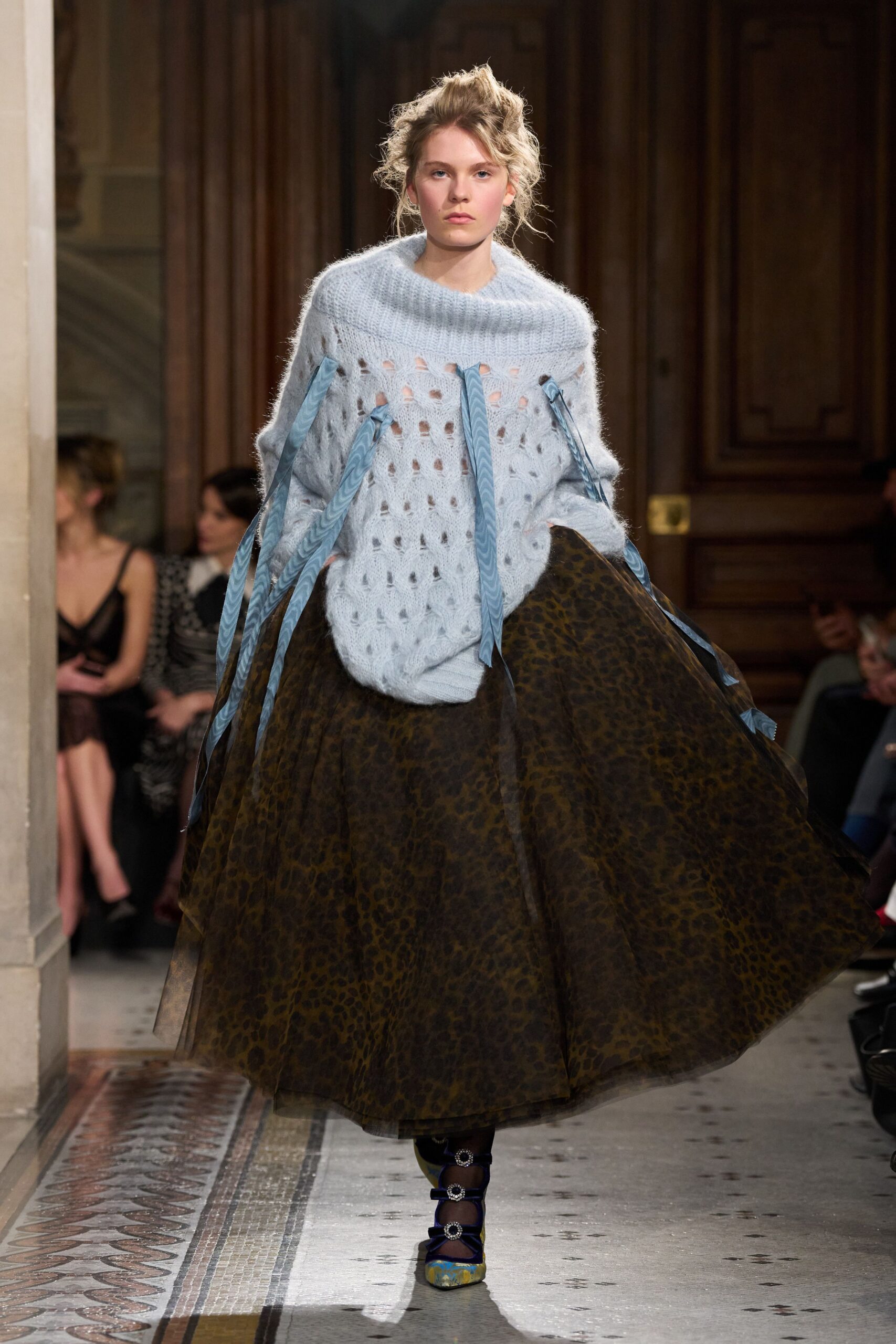 blue wool long-sleeve collared relaxed draped sweater