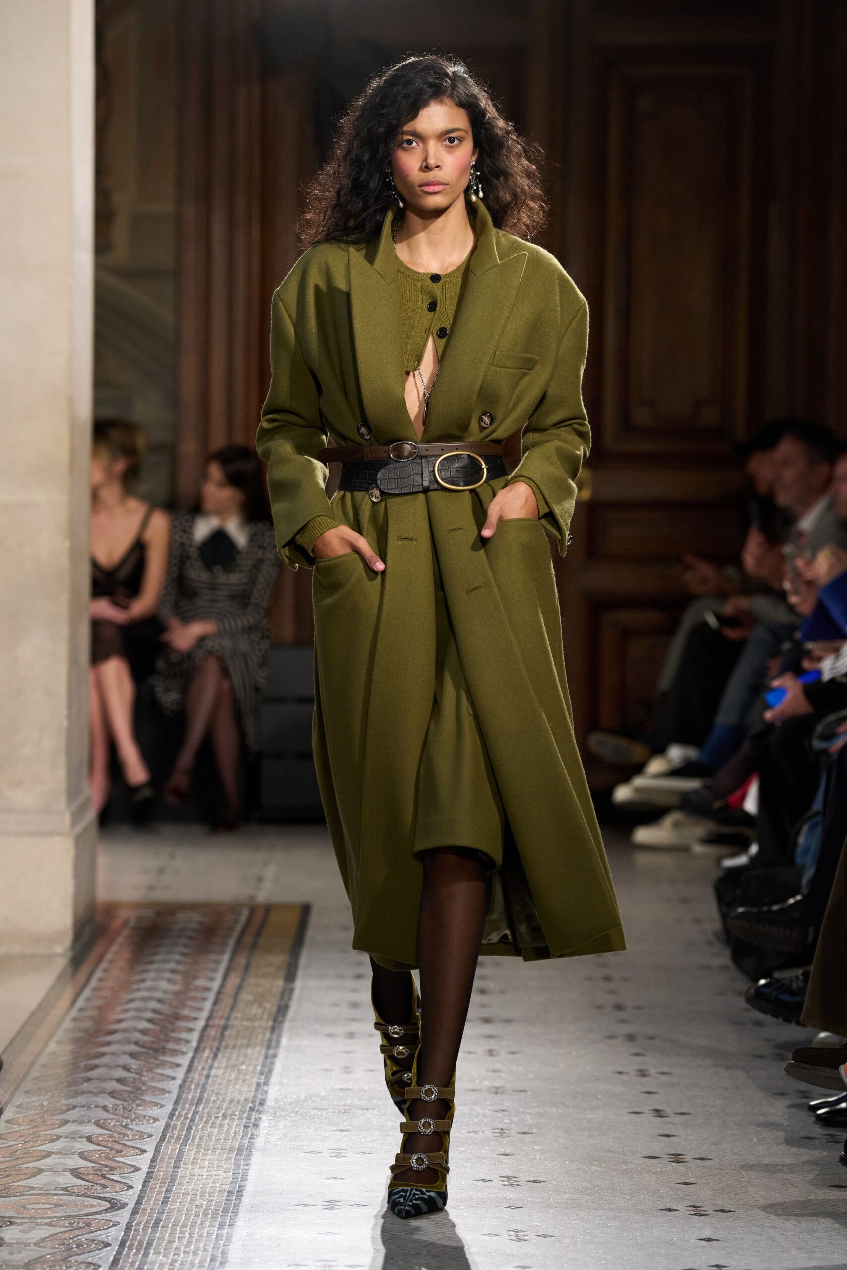green wool long-sleeve collared relaxed belted maxi coat