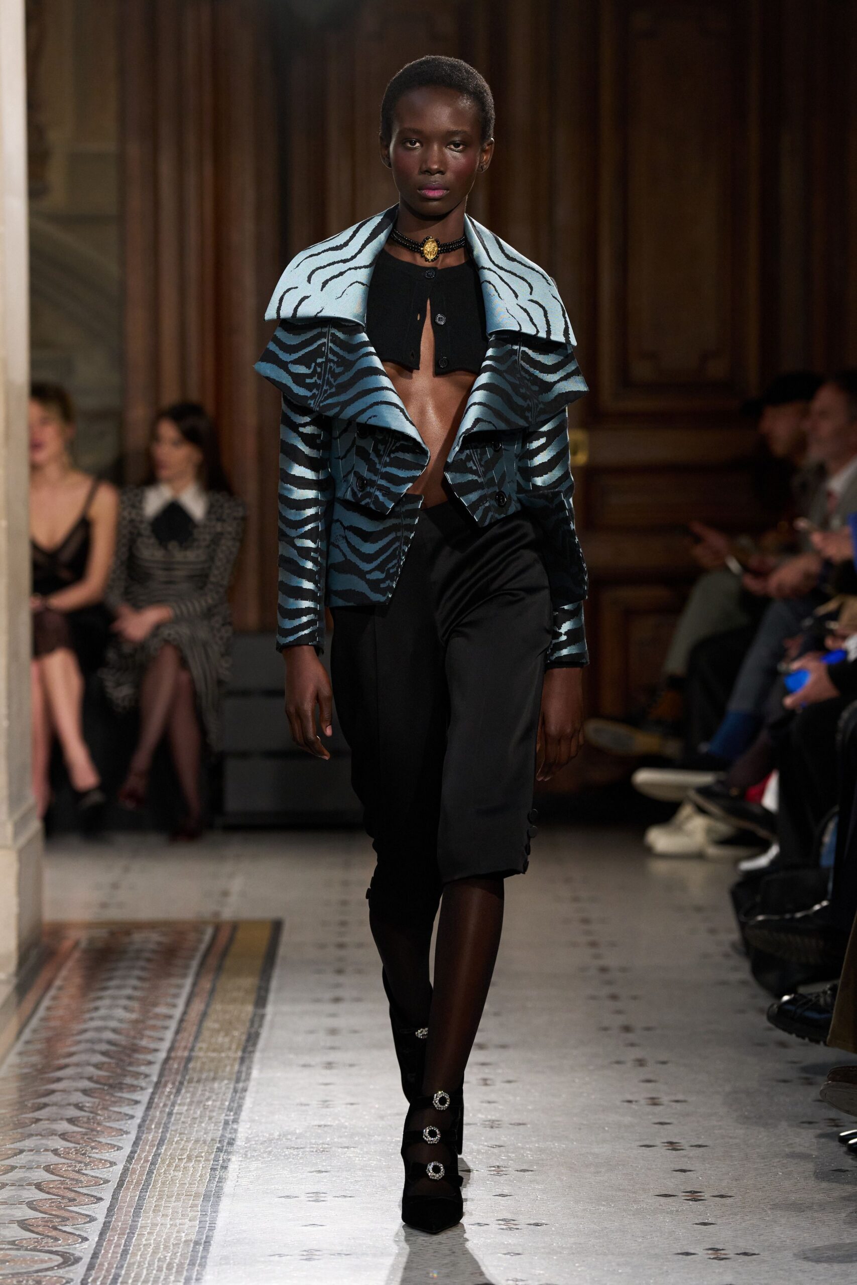 blue silk long-sleeve collared fitted ruffled layered jacket
