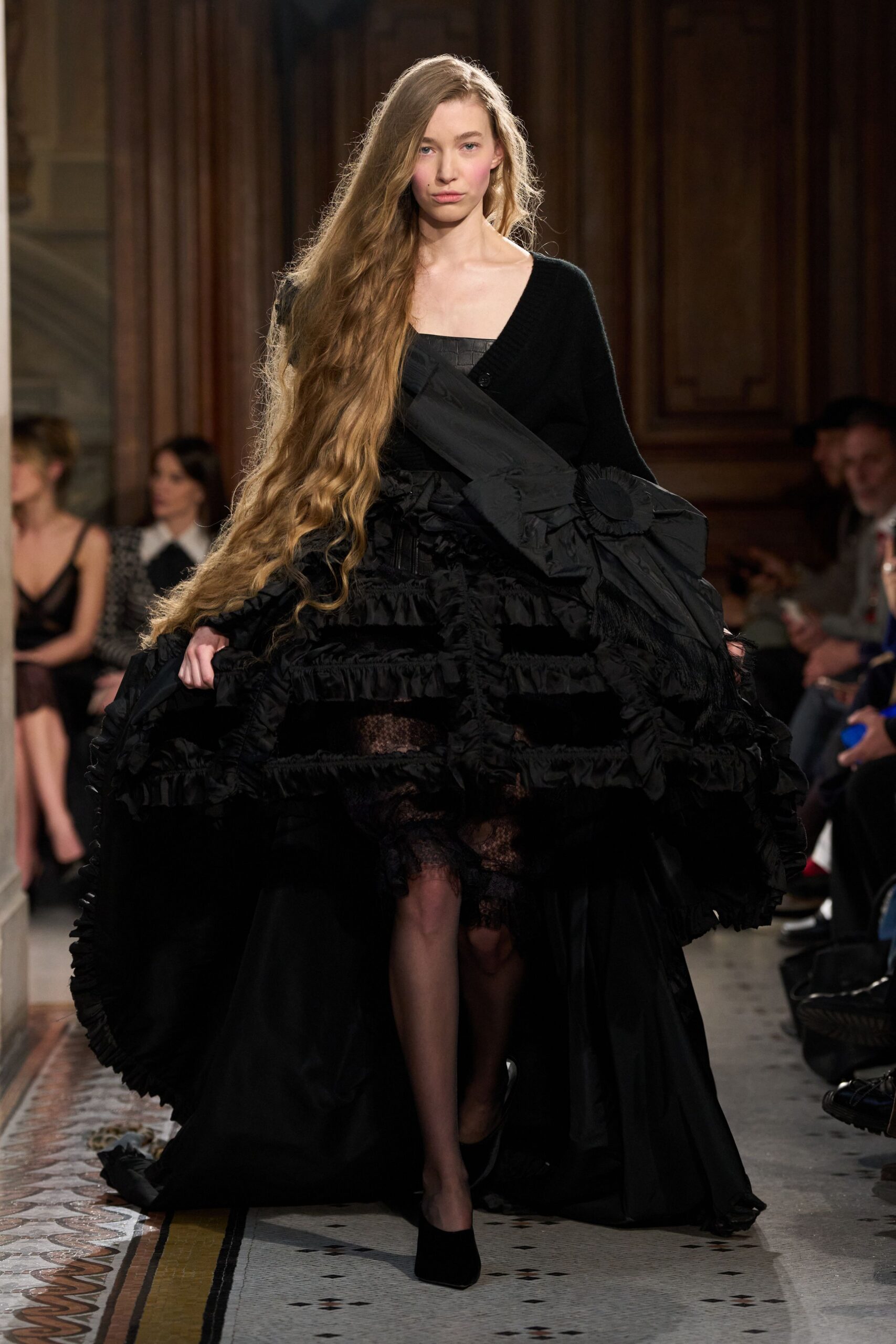 black silk sleeveless v-neck fitted ruffled layered gown