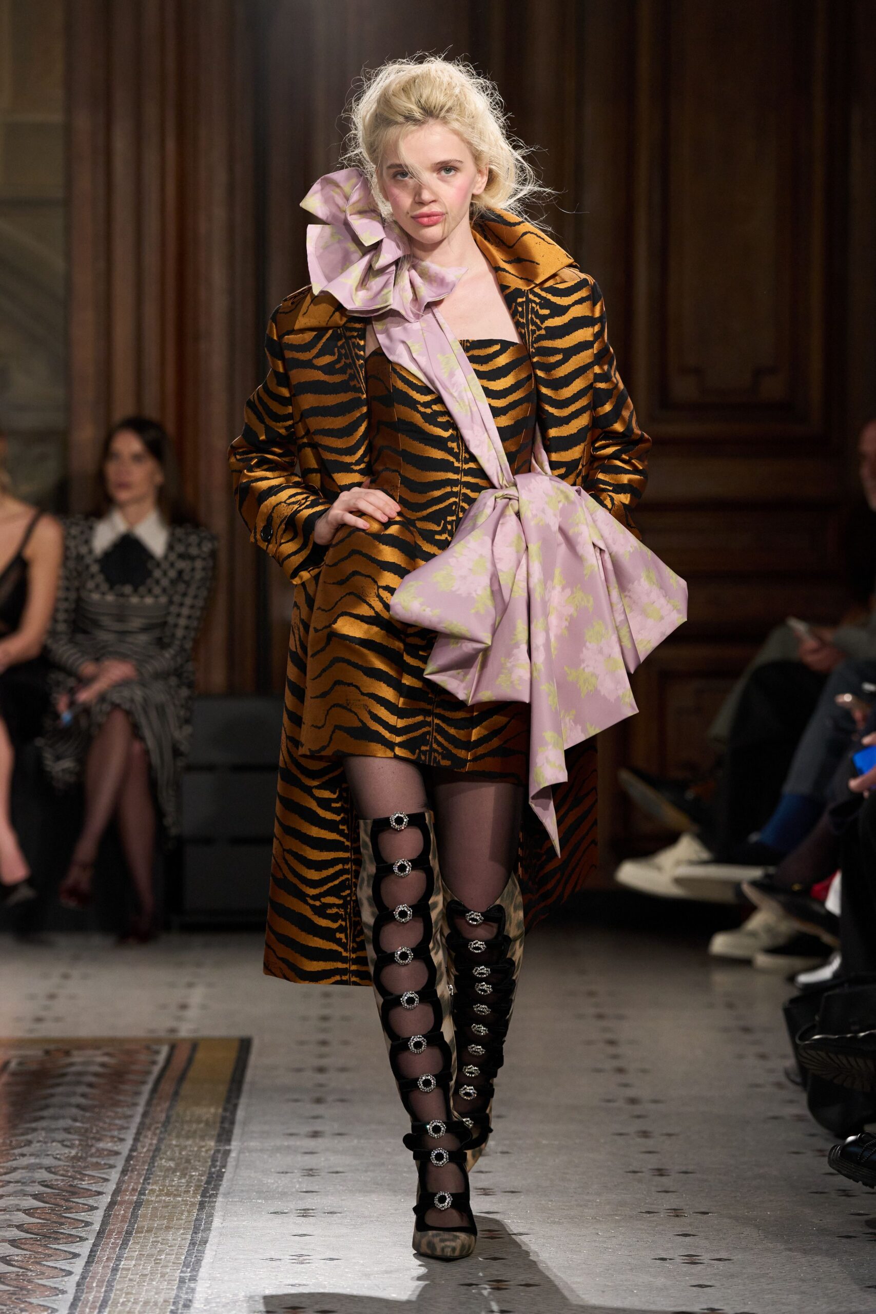 orange silk sleeveless v-neck fitted animal-print draped dress