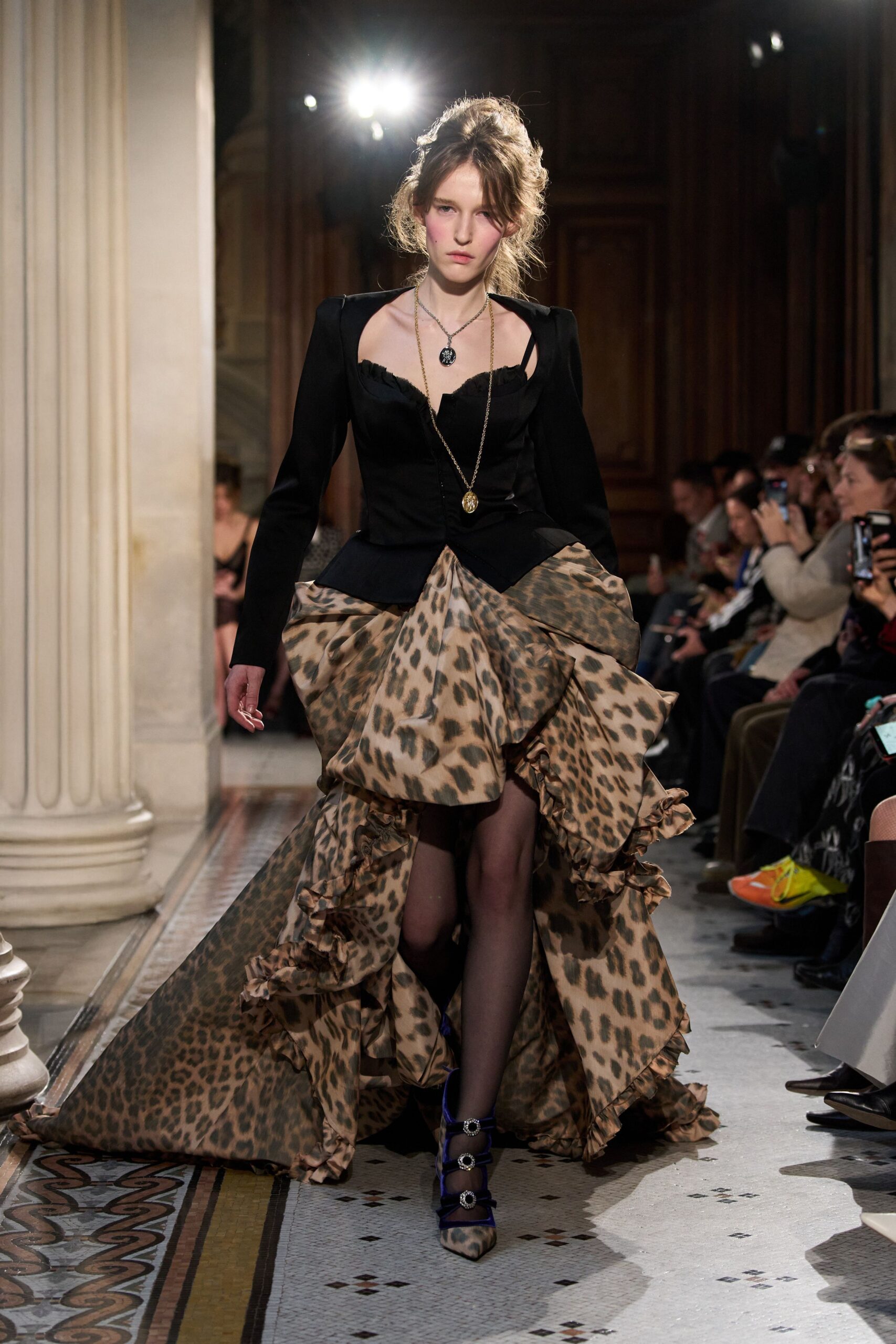 black silk long-sleeve gown with animal-print