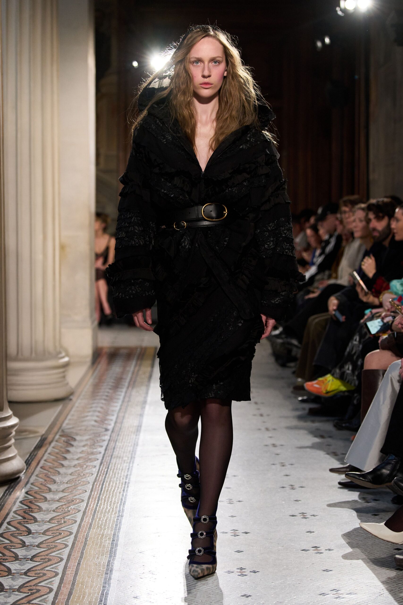 black lace long-sleeve v-neck fitted belted ruffled dress