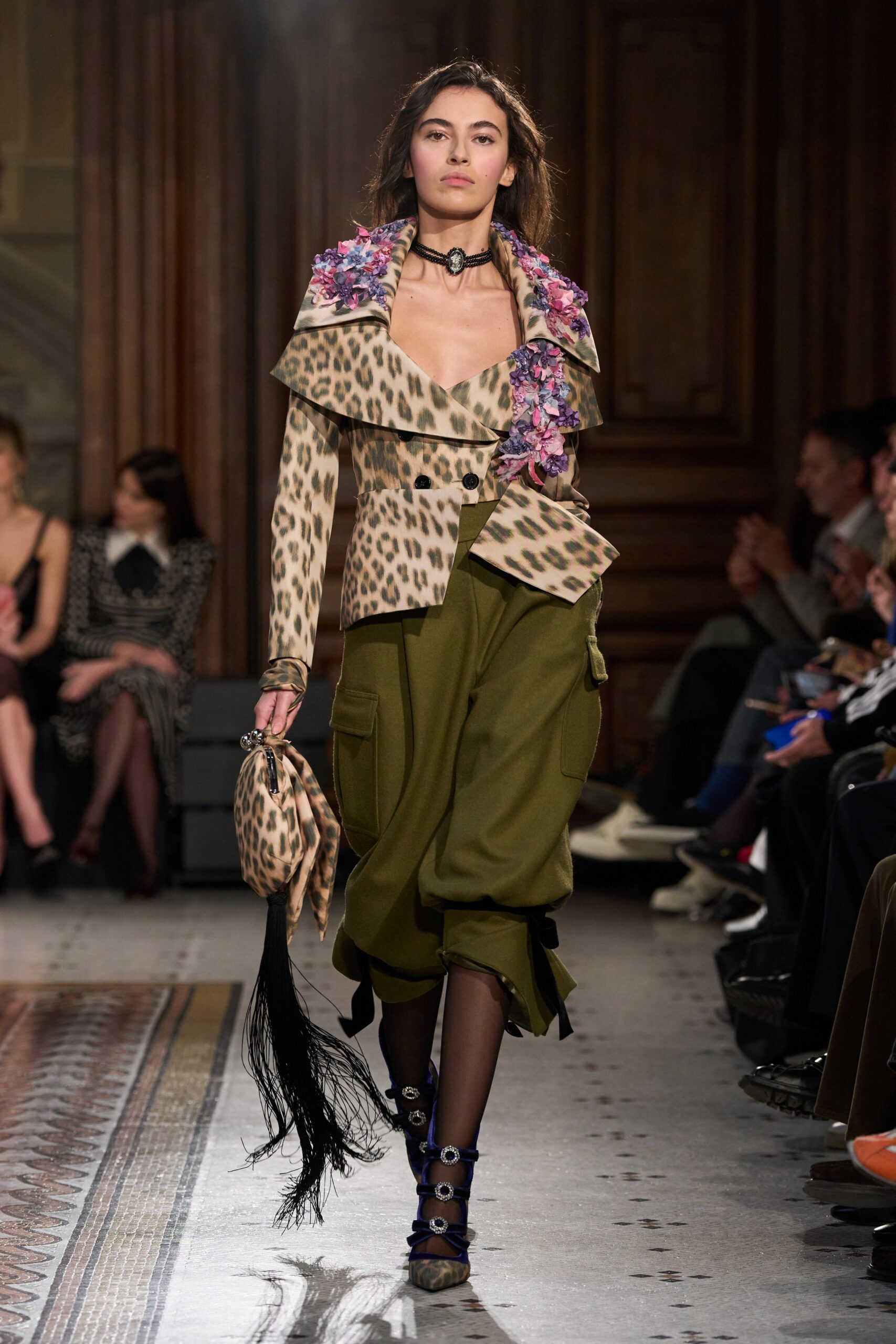 beige cotton long-sleeve collared fitted animal-print layered jacket
