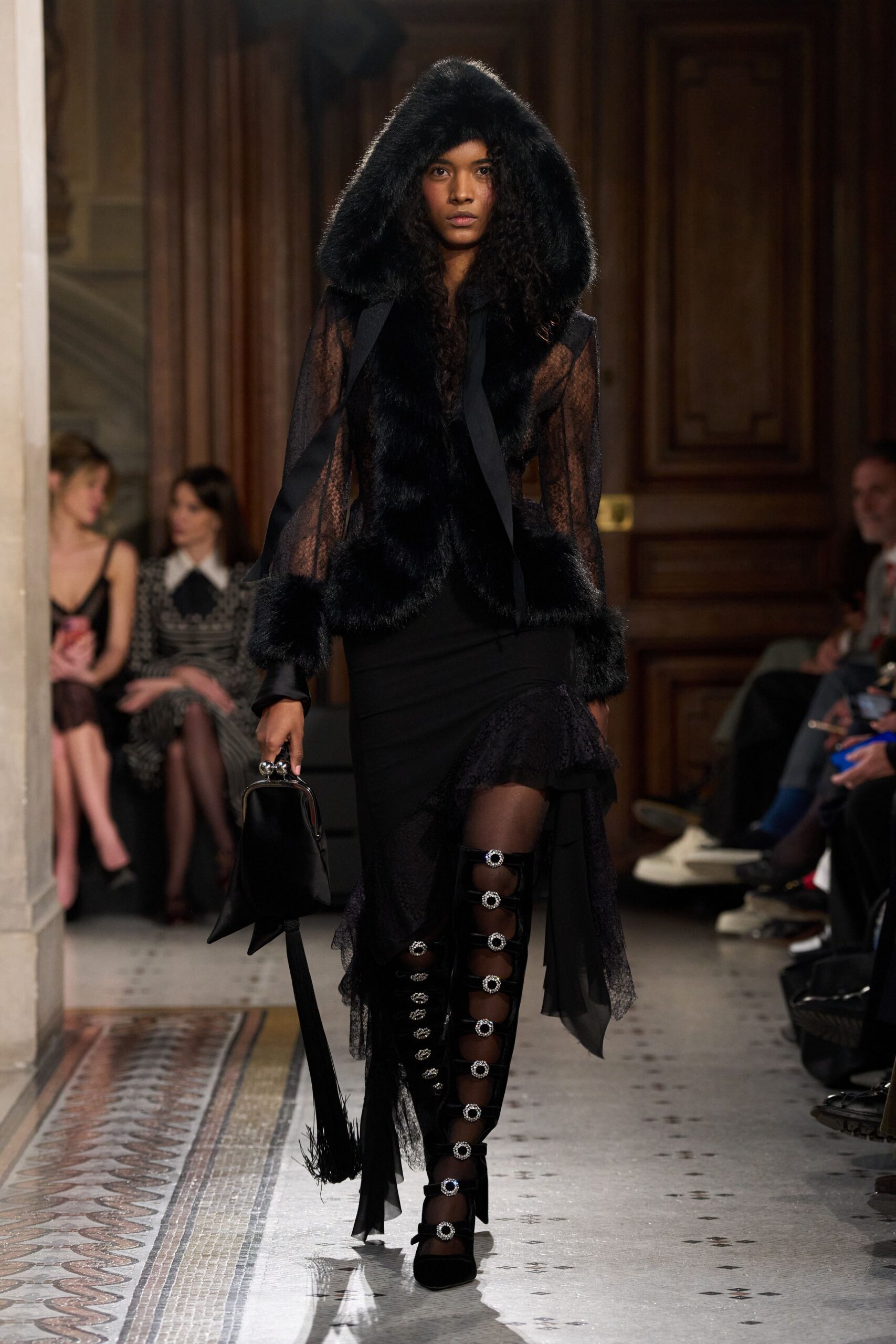 black lace long-sleeve collared fitted ruffled top