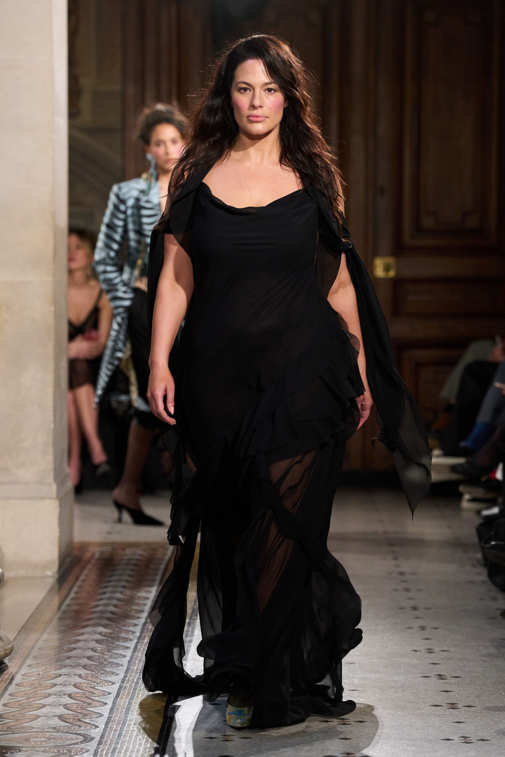 black silk off-shoulder gown