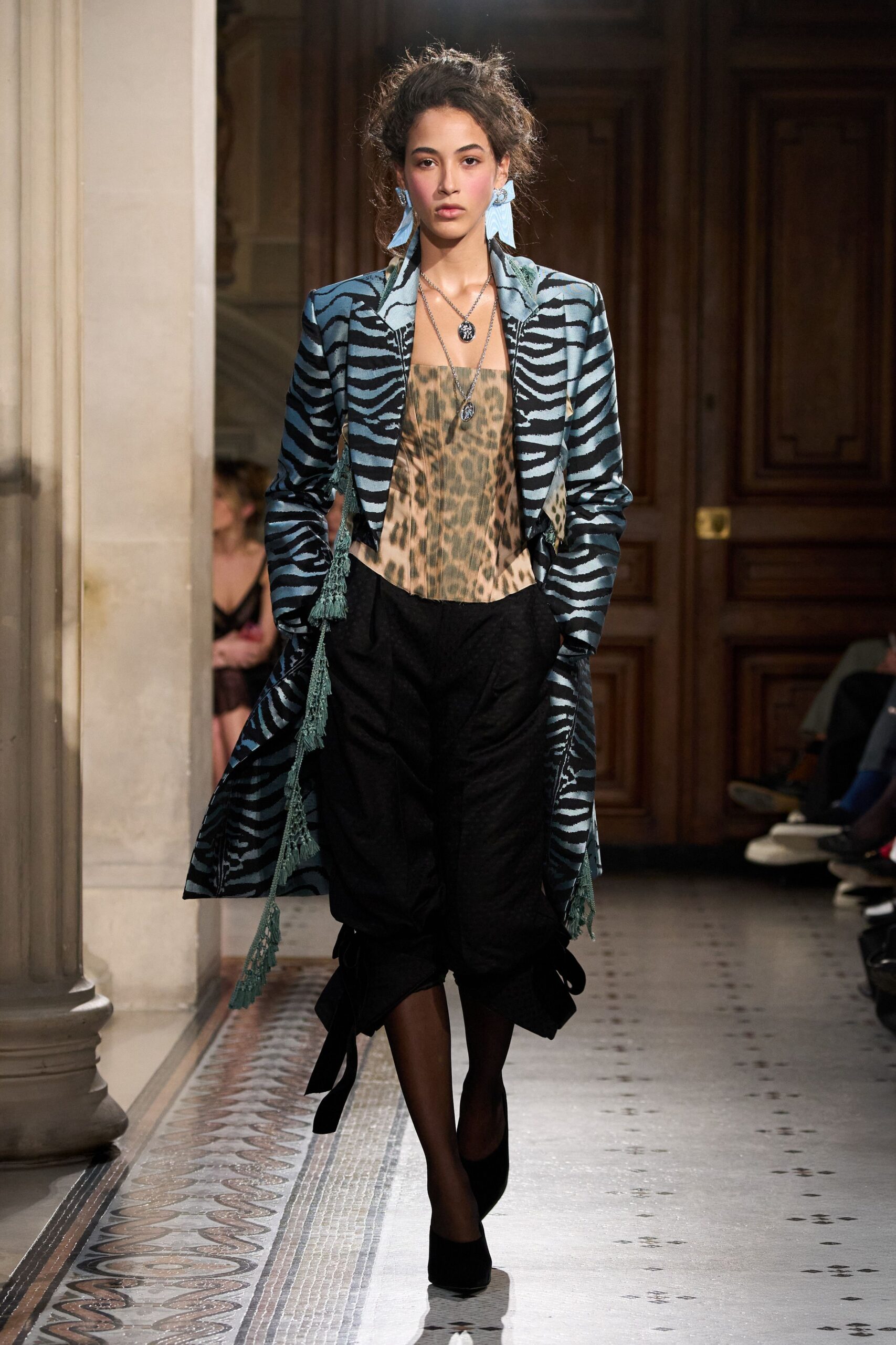 blue striped silk coat with animal-print top