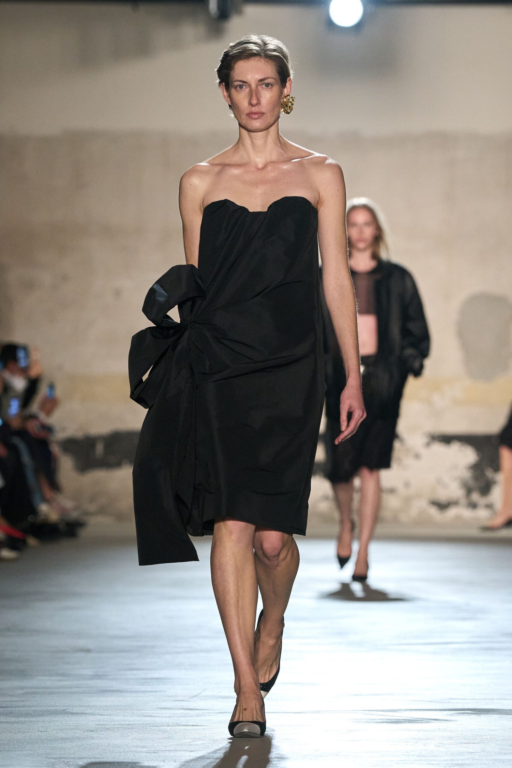 black cotton strapless fitted draped midi dress