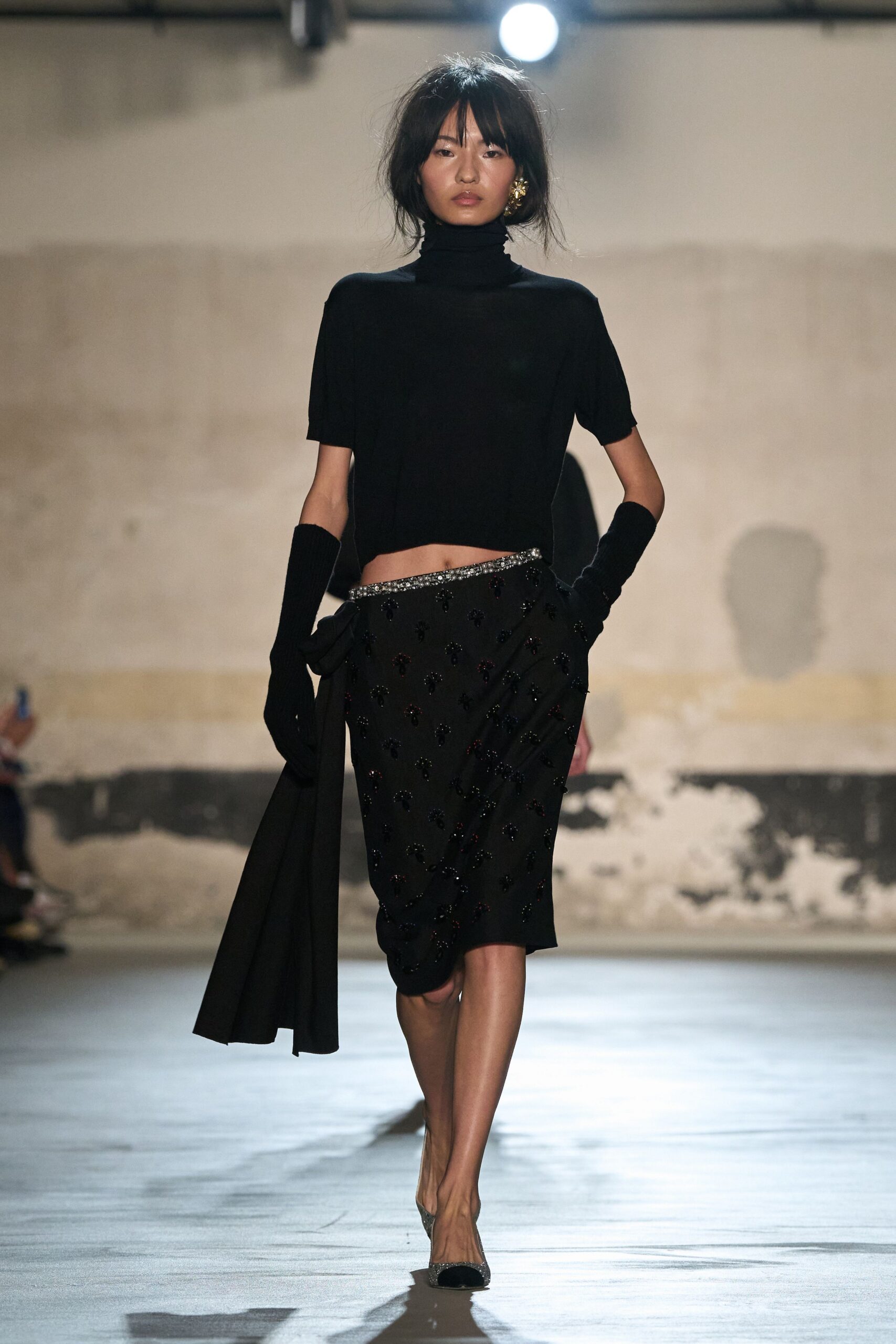 black cropped top and midi skirt