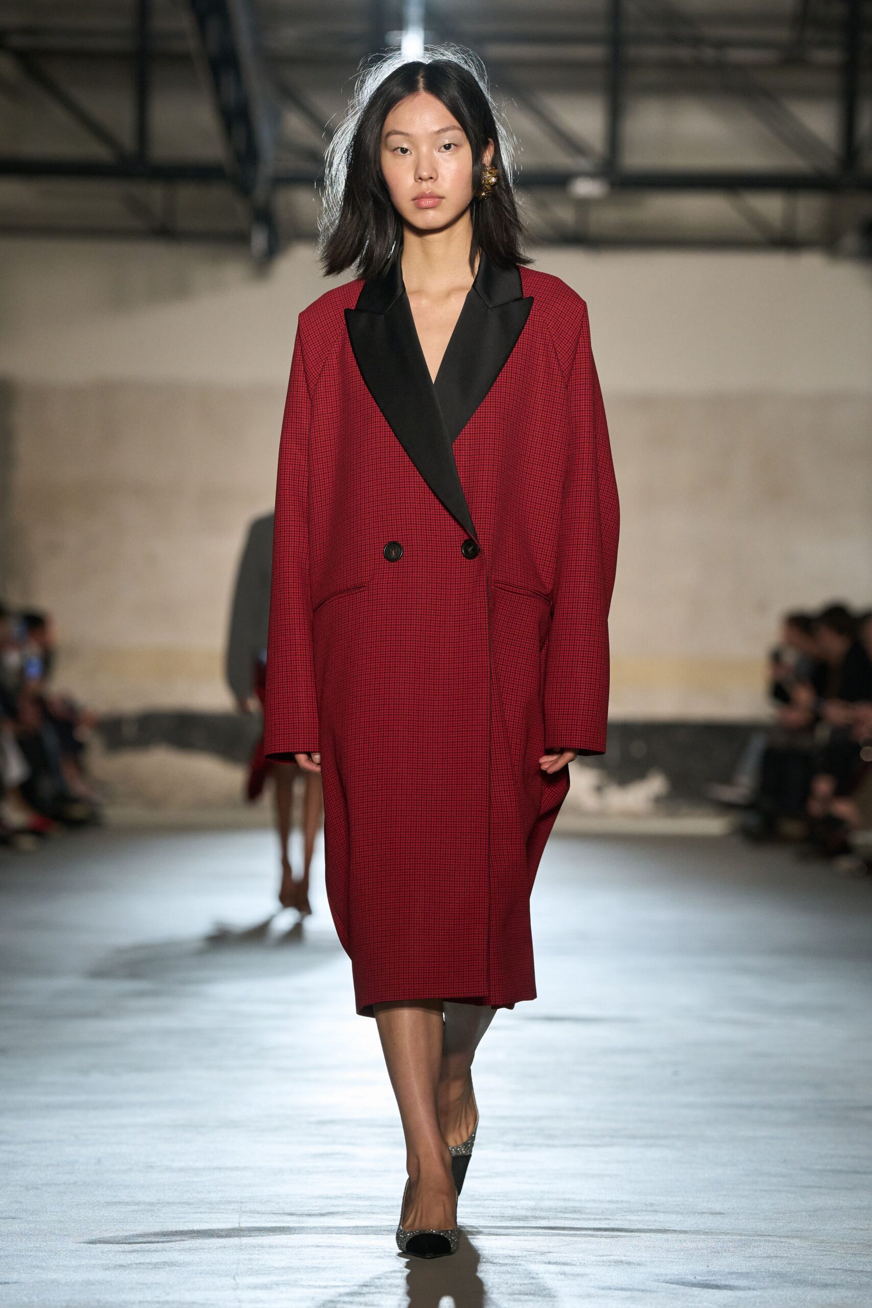 red wool long-sleeve collared oversized checked midi coat