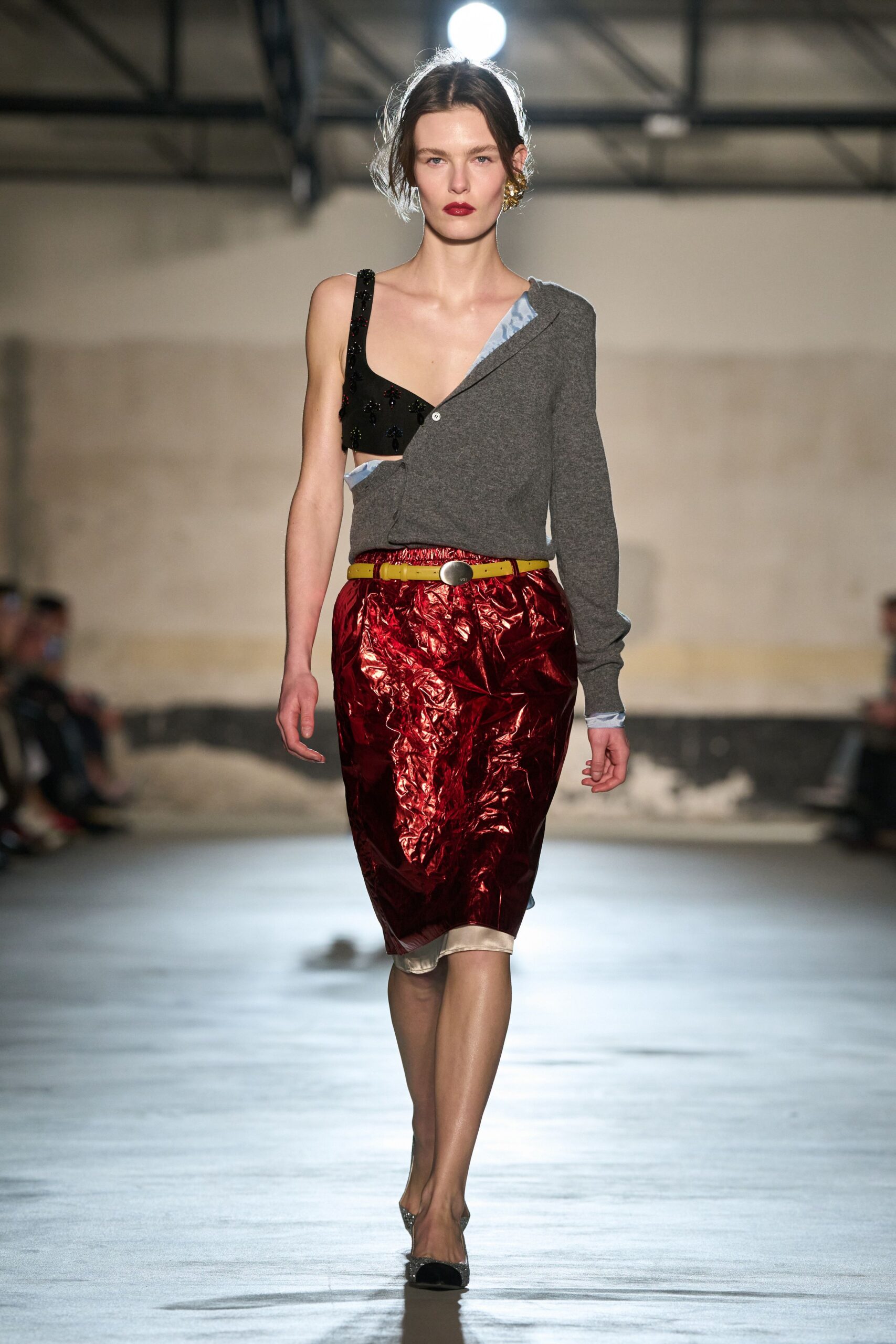 gray asymmetric top with red skirt