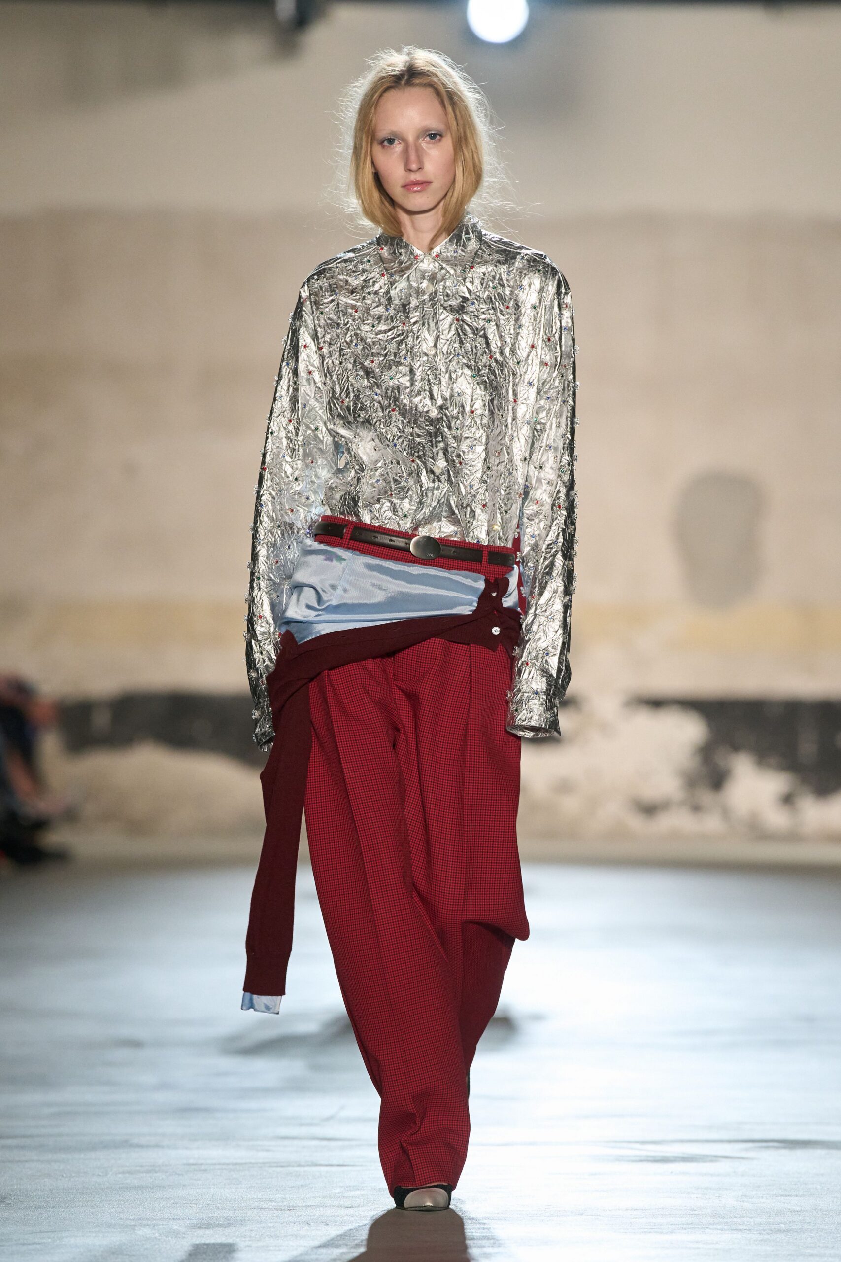 gray silk long-sleeve collared relaxed textured shiny shirt