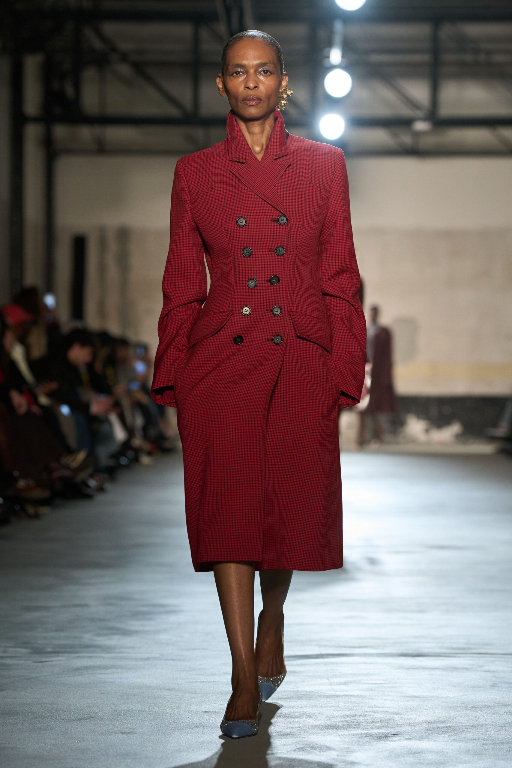 red wool long-sleeve collared structured buttoned midi coat
