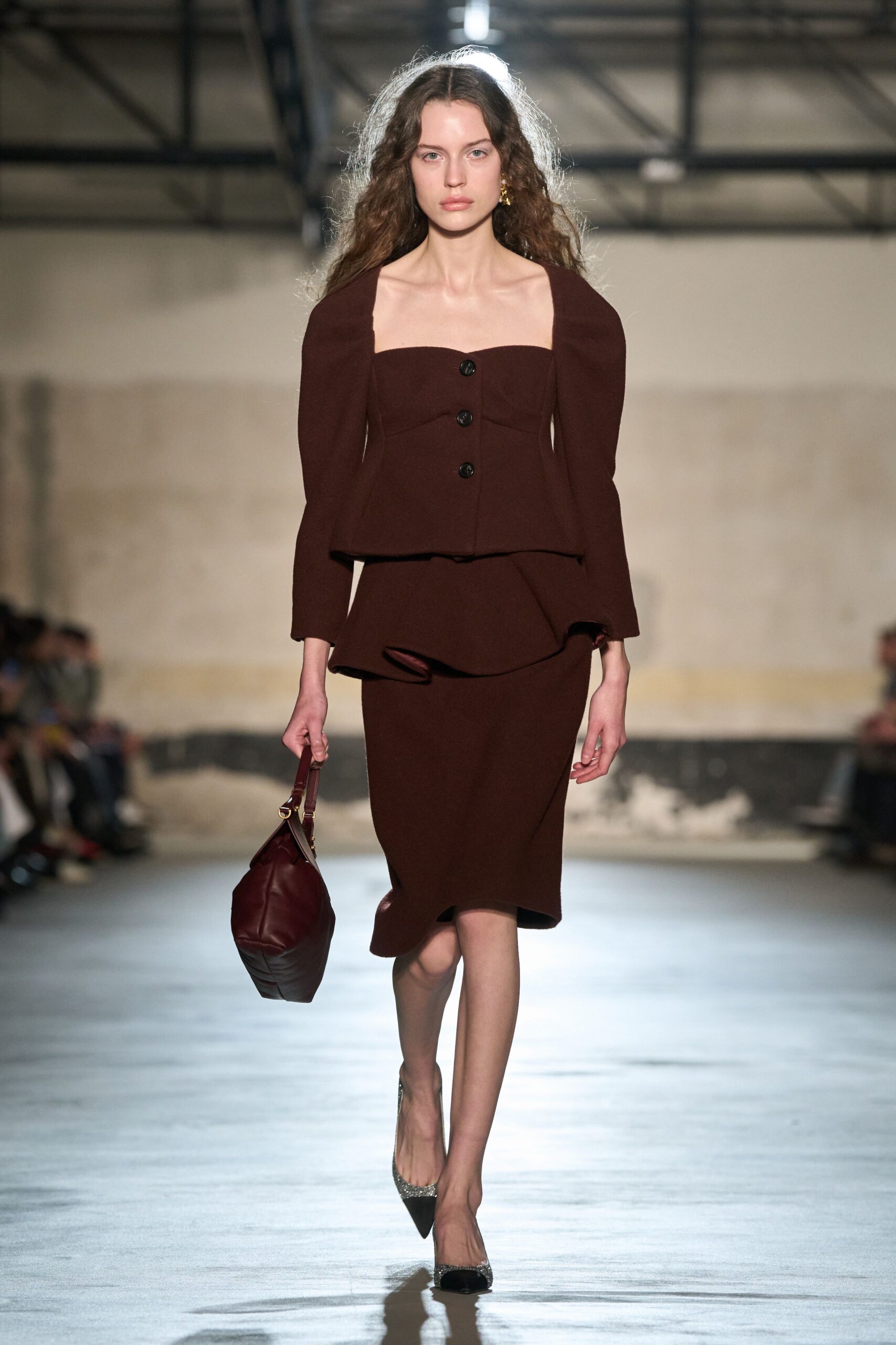 brown cotton fitted high-waisted flared midi skirt