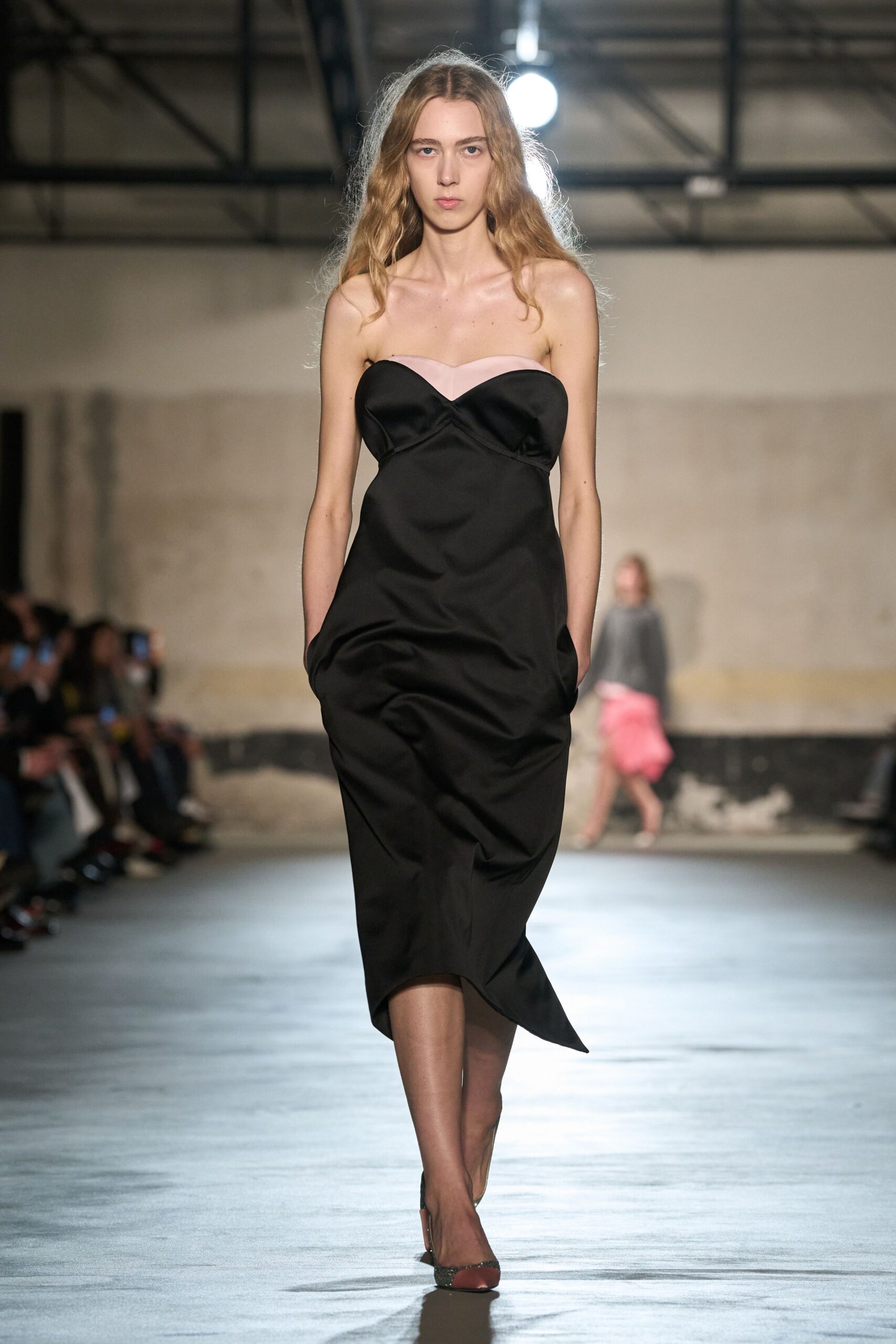 black silk strapless midi dress