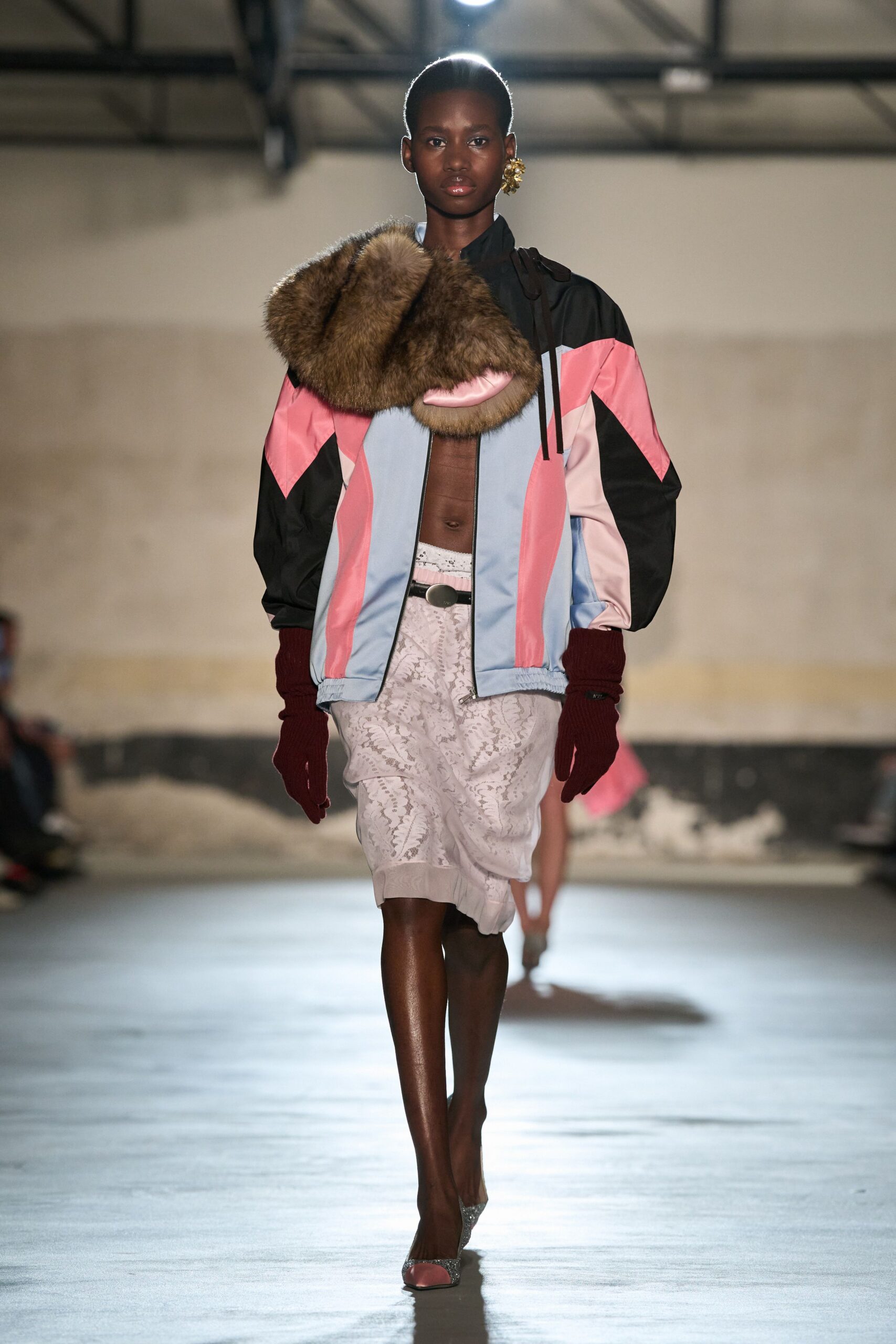 color-blocked jacket with lace skirt