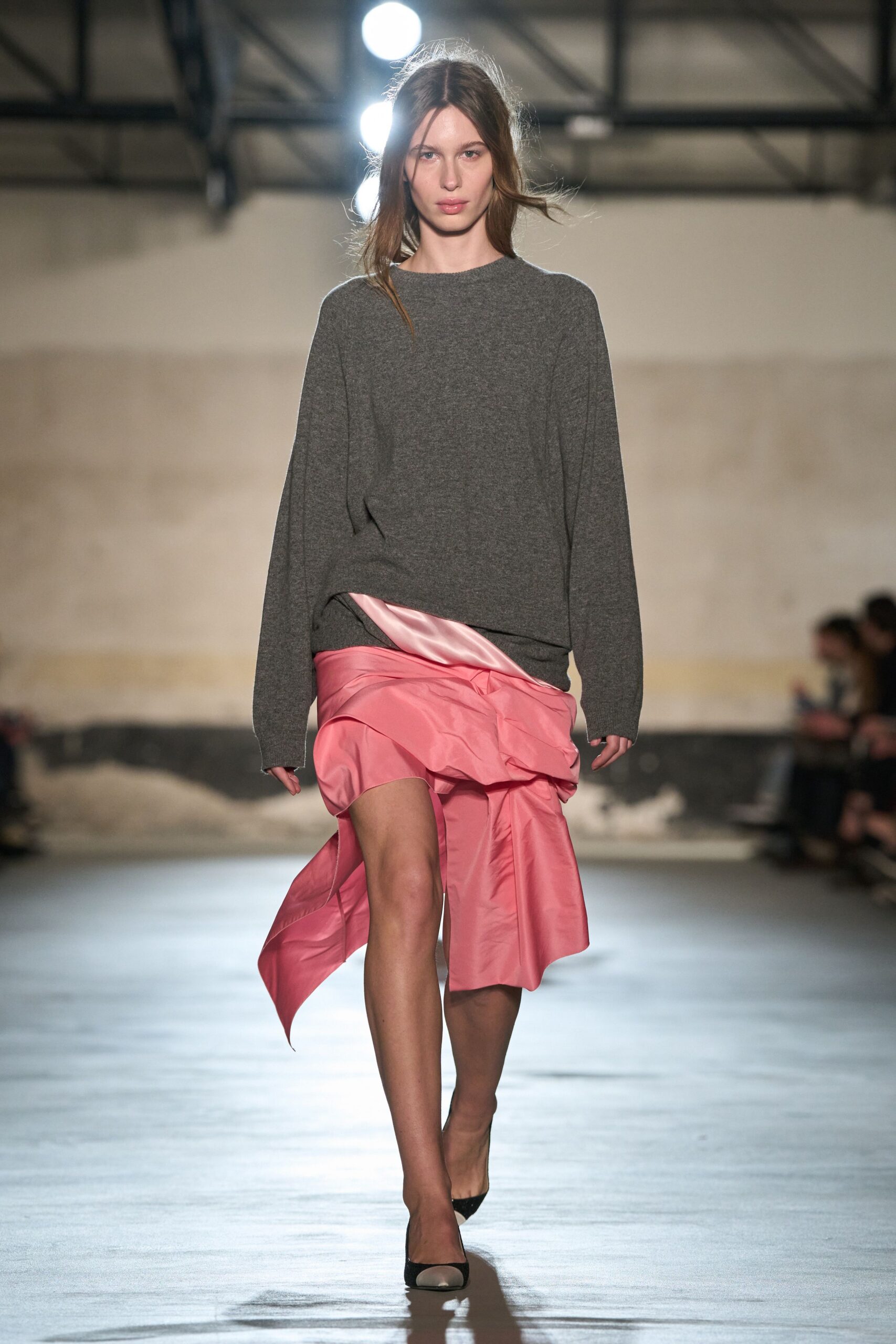 gray oversized sweater pink midi skirt
