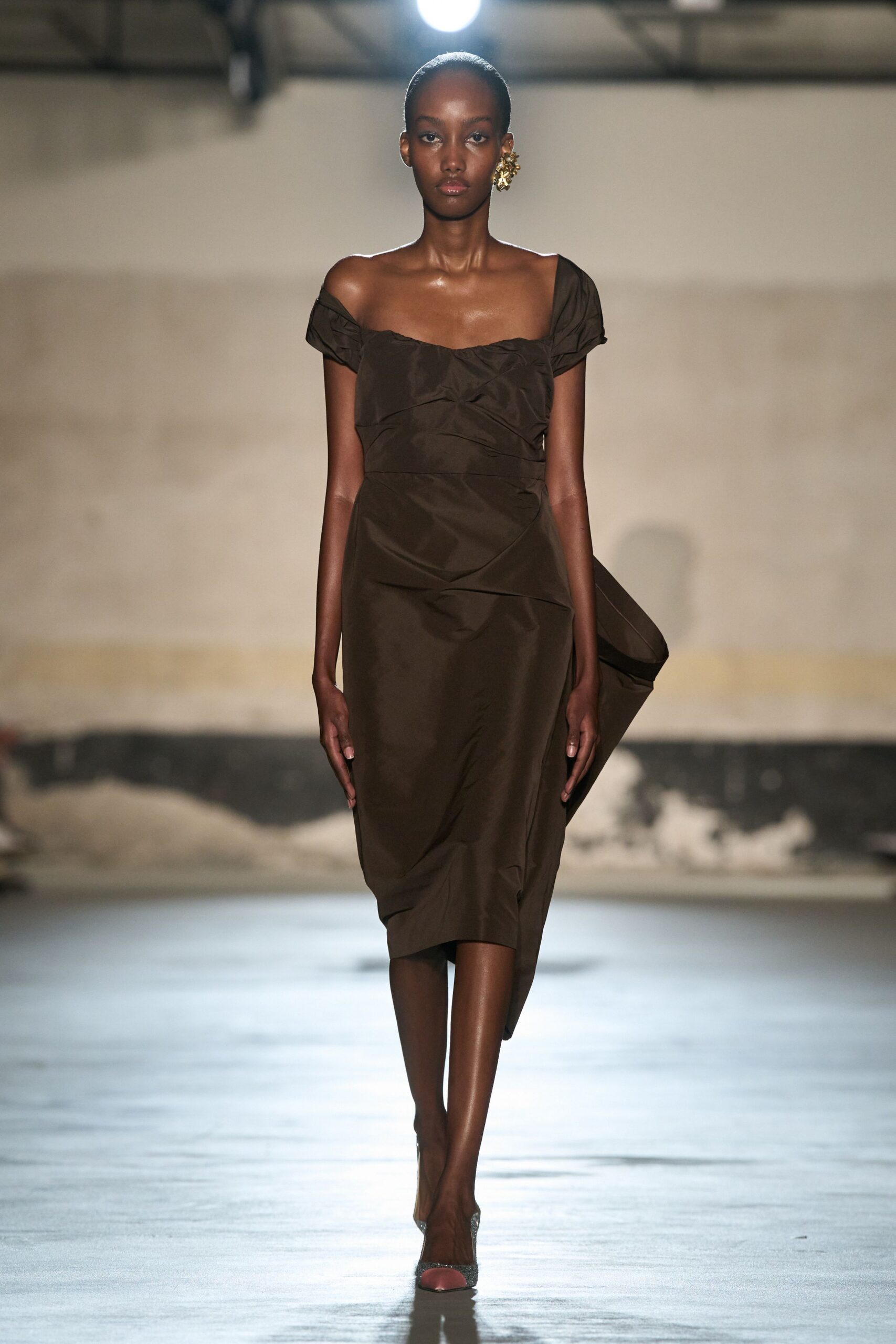 brown silk short-sleeve square-neck fitted draped midi dress