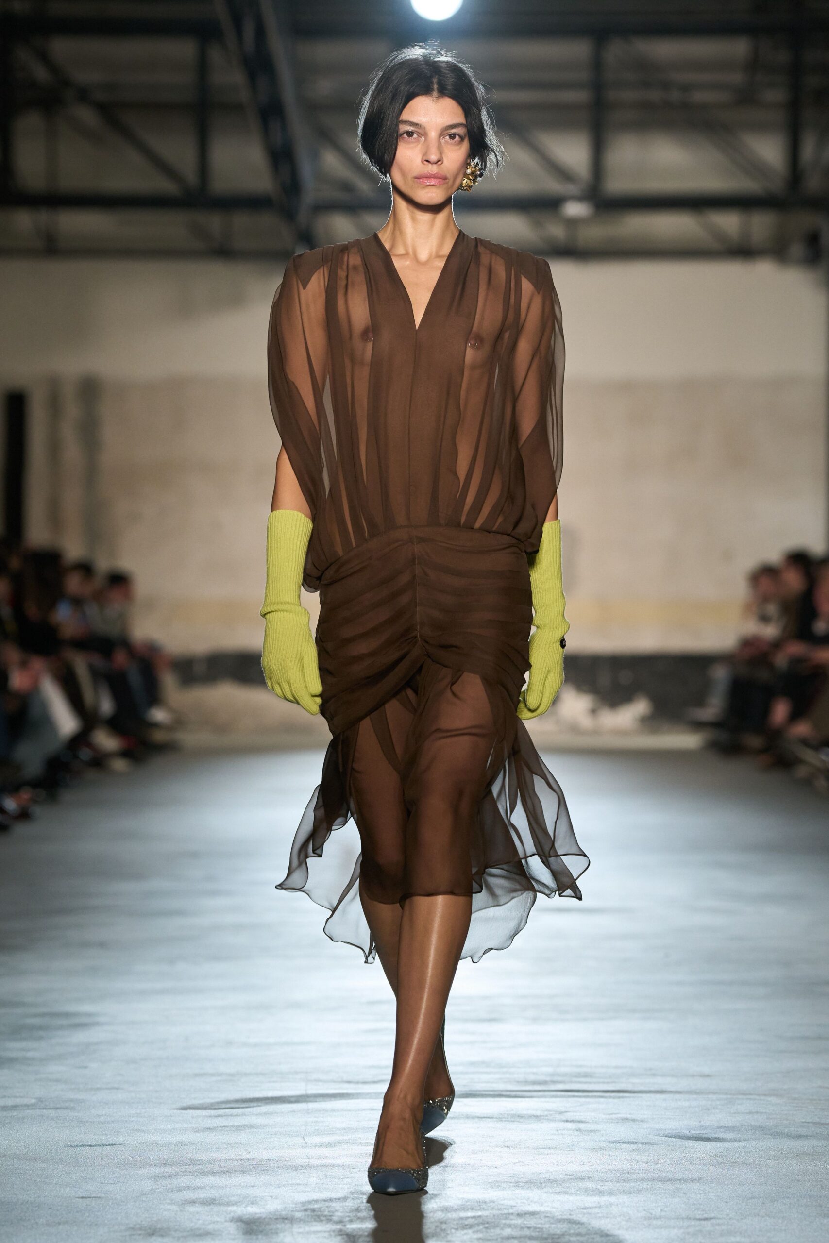 brown chiffon long-sleeve v-neck fitted ruched sheer dress