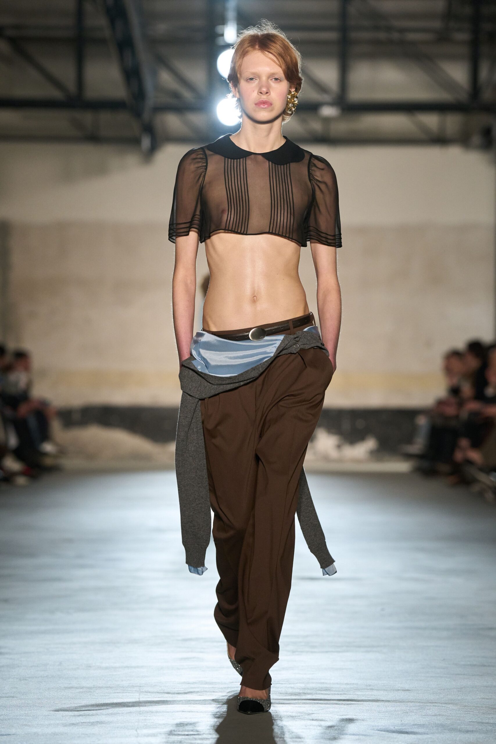 black mesh short-sleeve collared fitted pleated sheer top