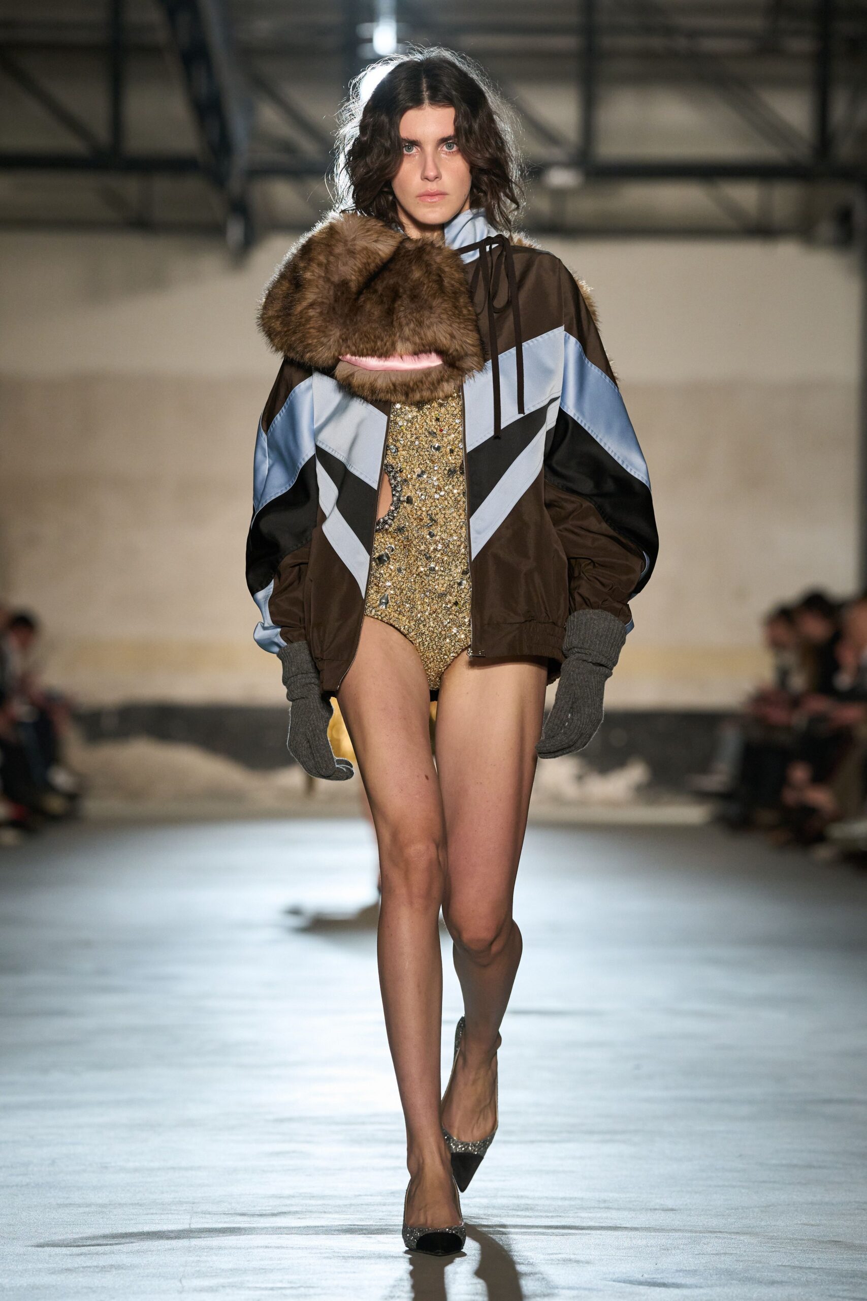 oversized brown jacket with gold bodysuit