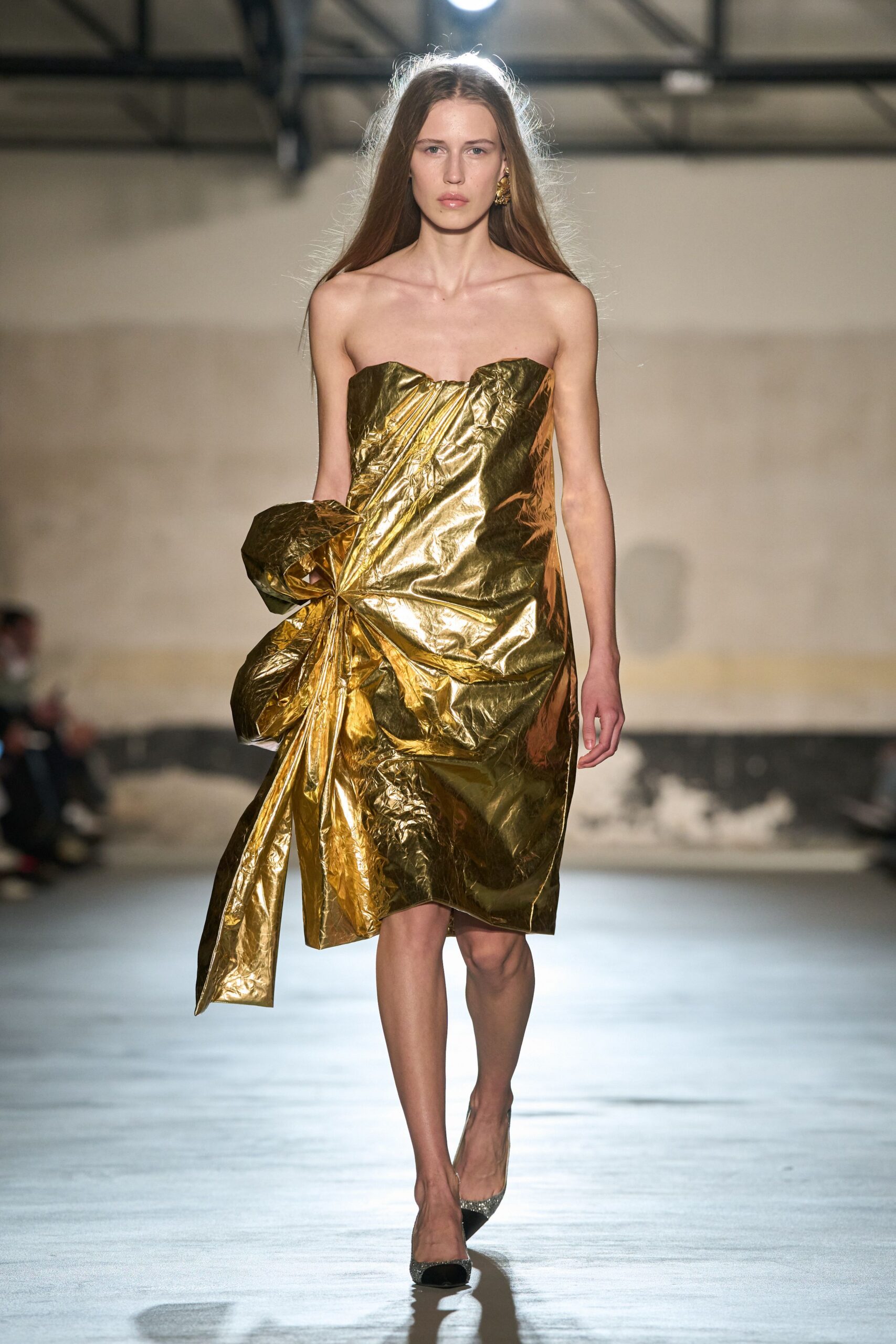 gold metallic strapless fitted draped shiny mini dress