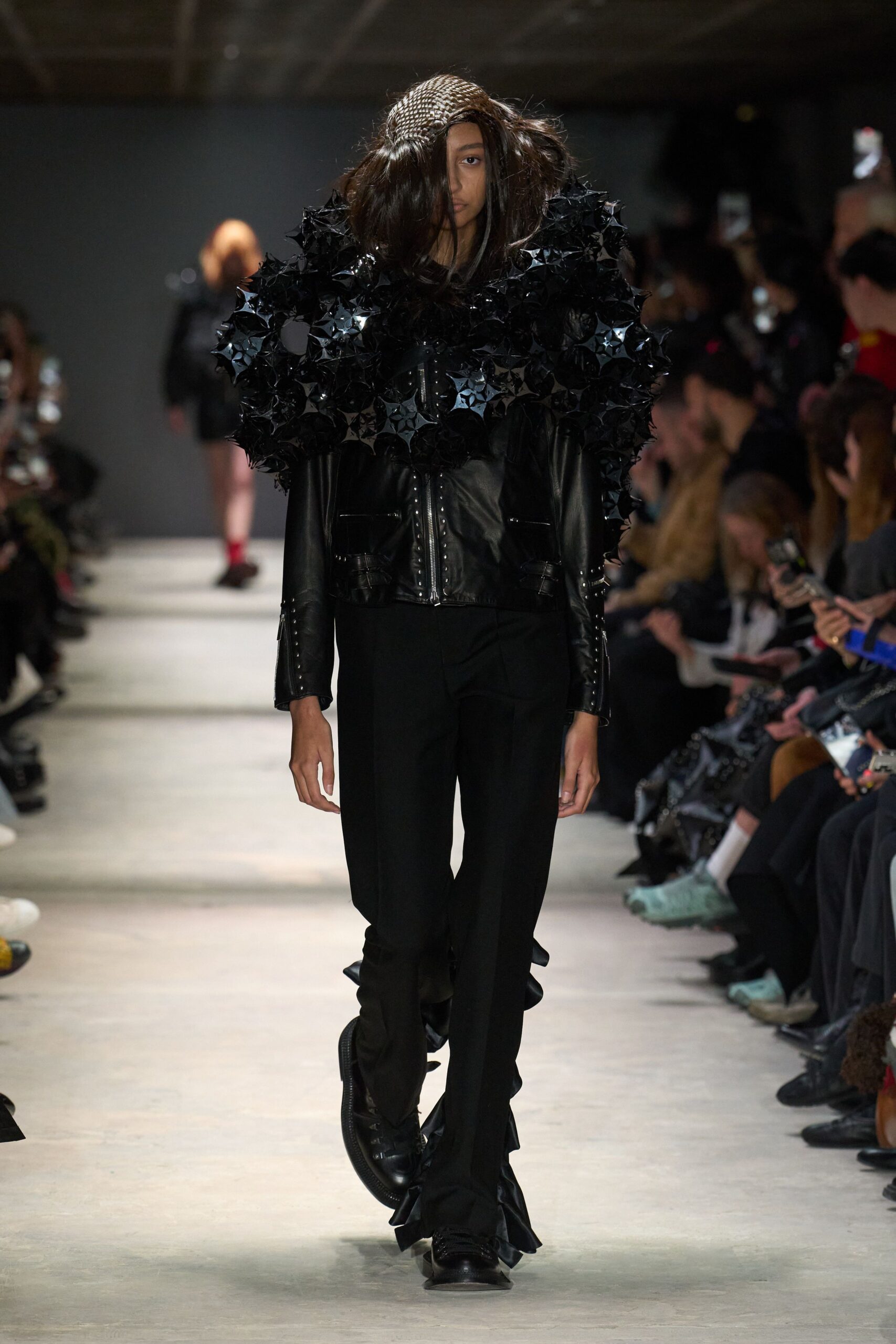 black leather long-sleeve collared fitted layered embellished jacket