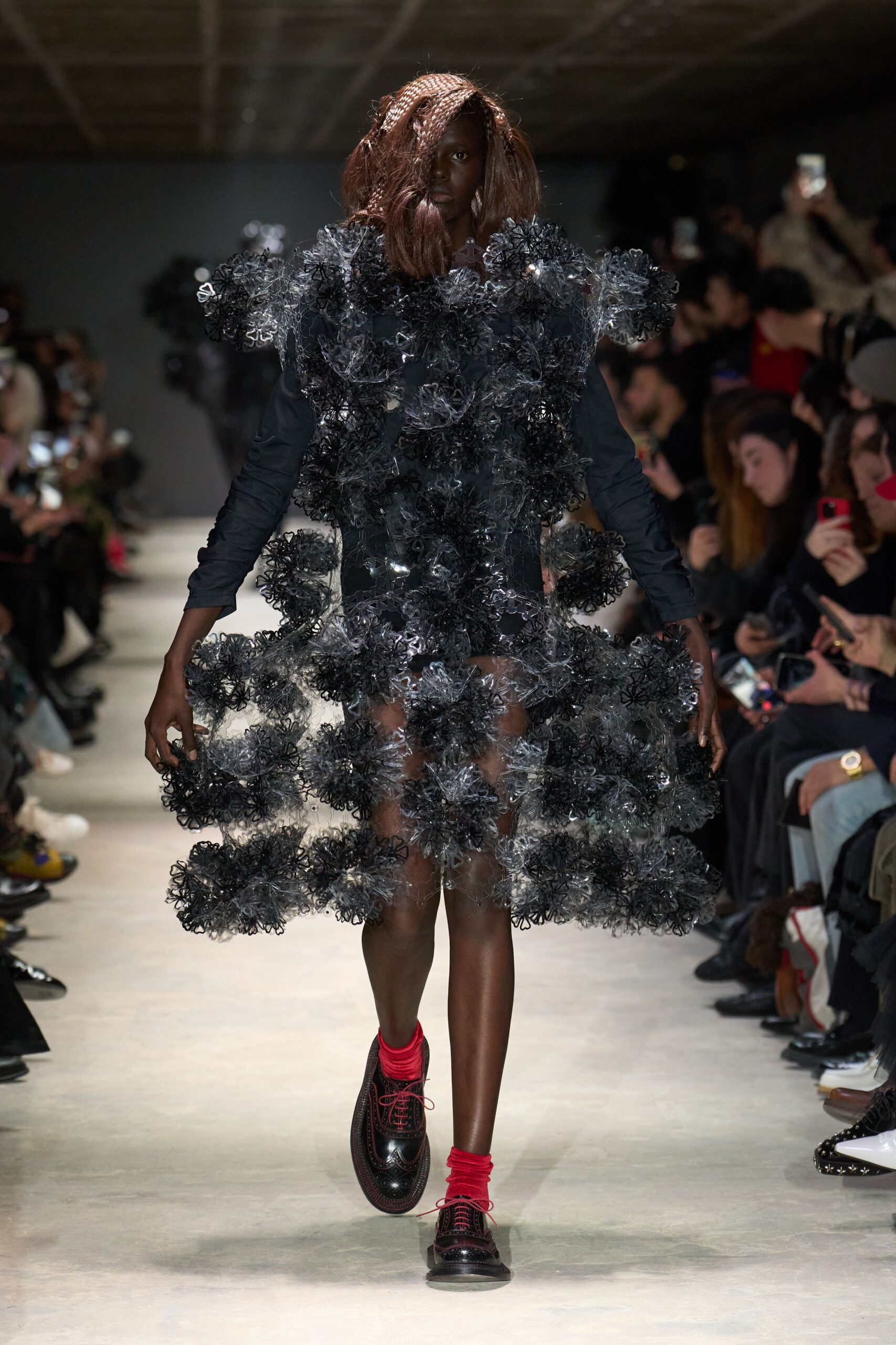 black tulle sleeveless v-neck fitted ruffled textured dress