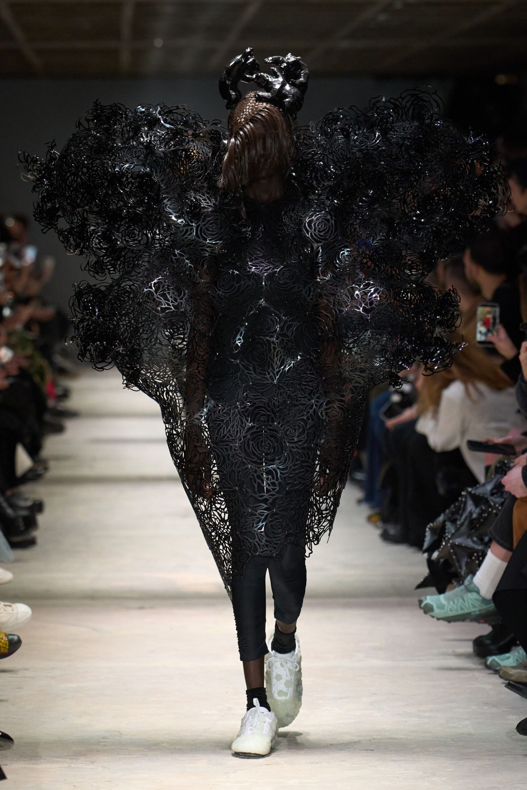 black lace long-sleeve high-neck fitted layered flared dress