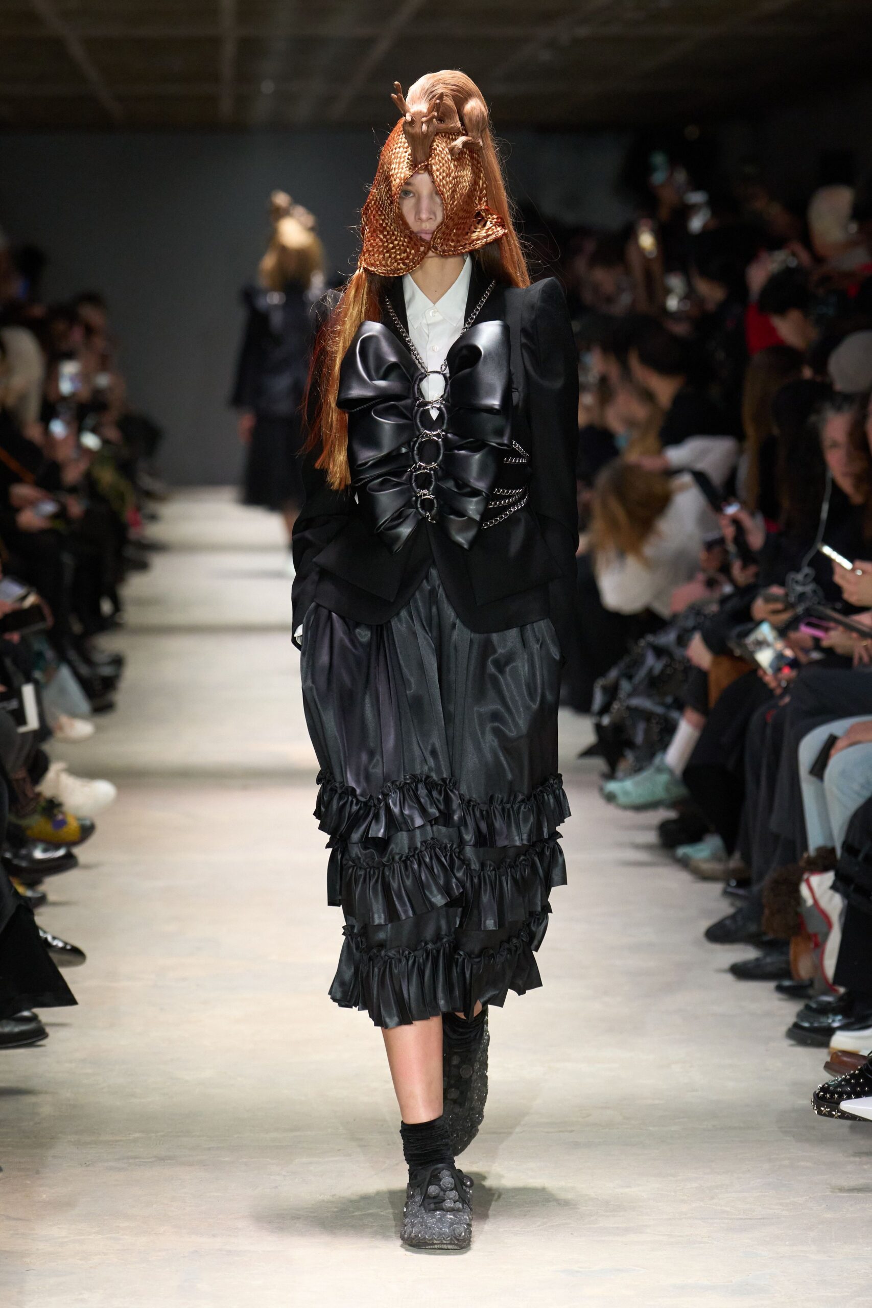 black silk long-sleeve relaxed ruffled midi skirt