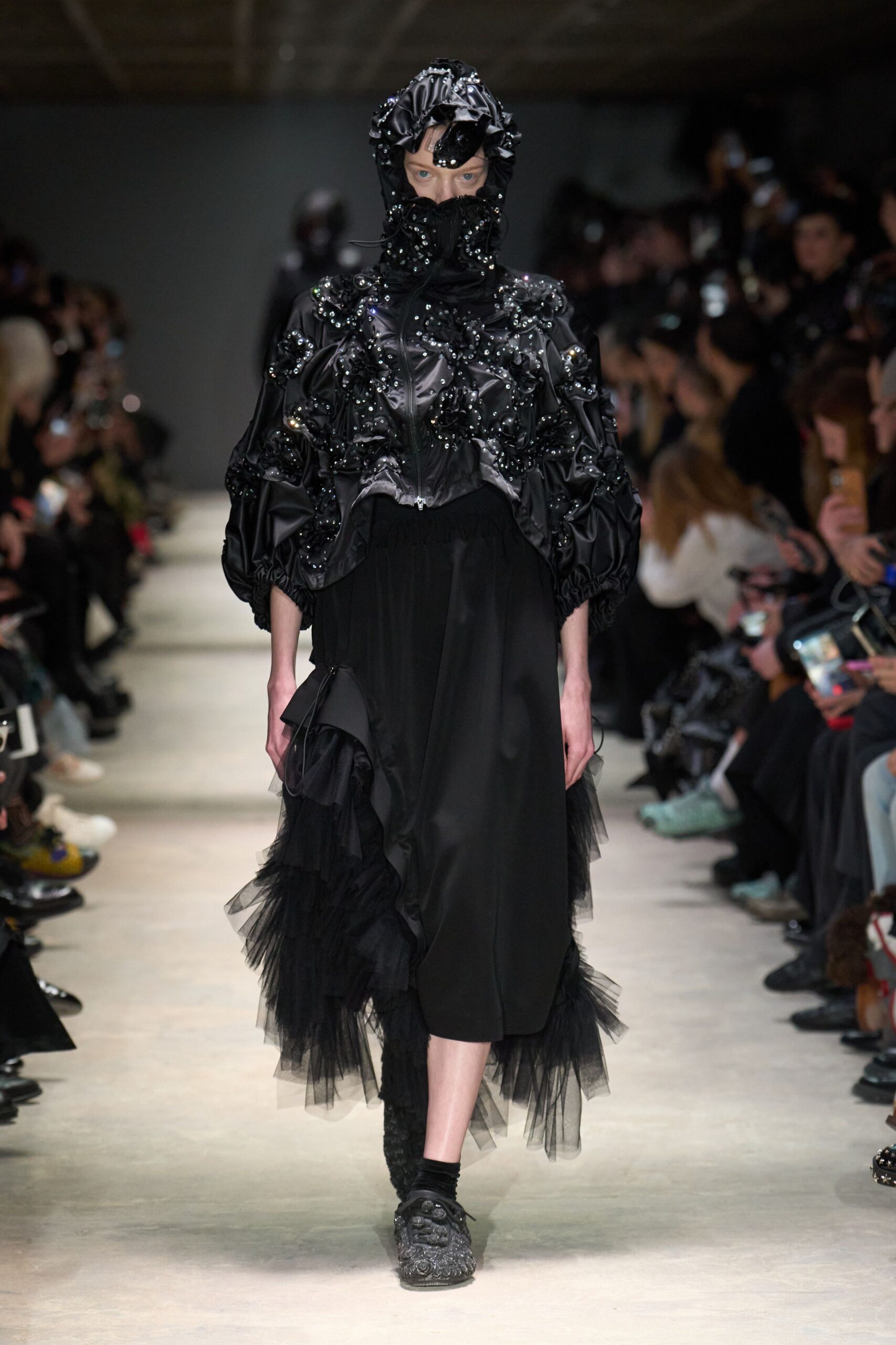 black silk long-sleeve collared relaxed ruffled embellished jacket