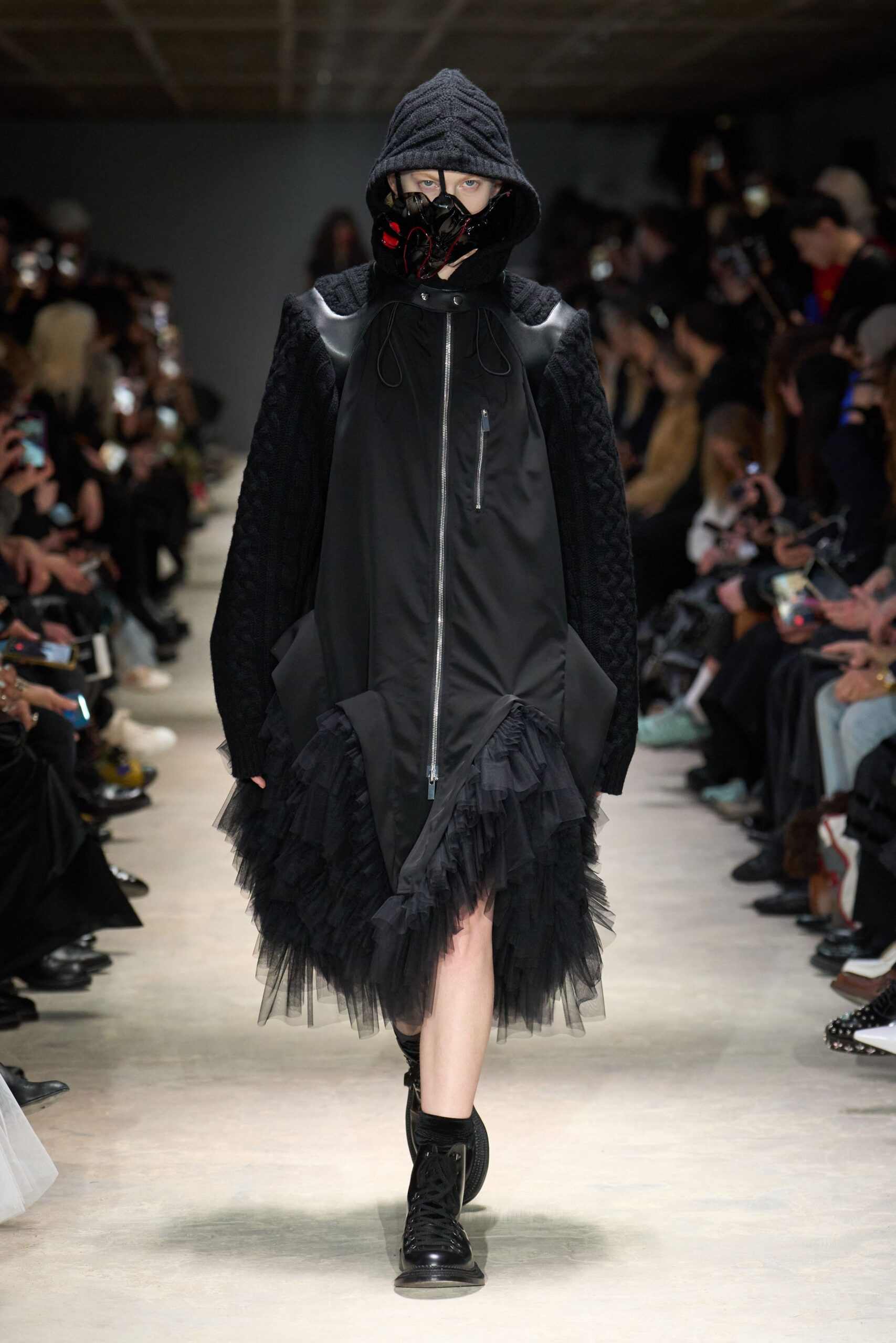 black relaxed coat with tulle skirt