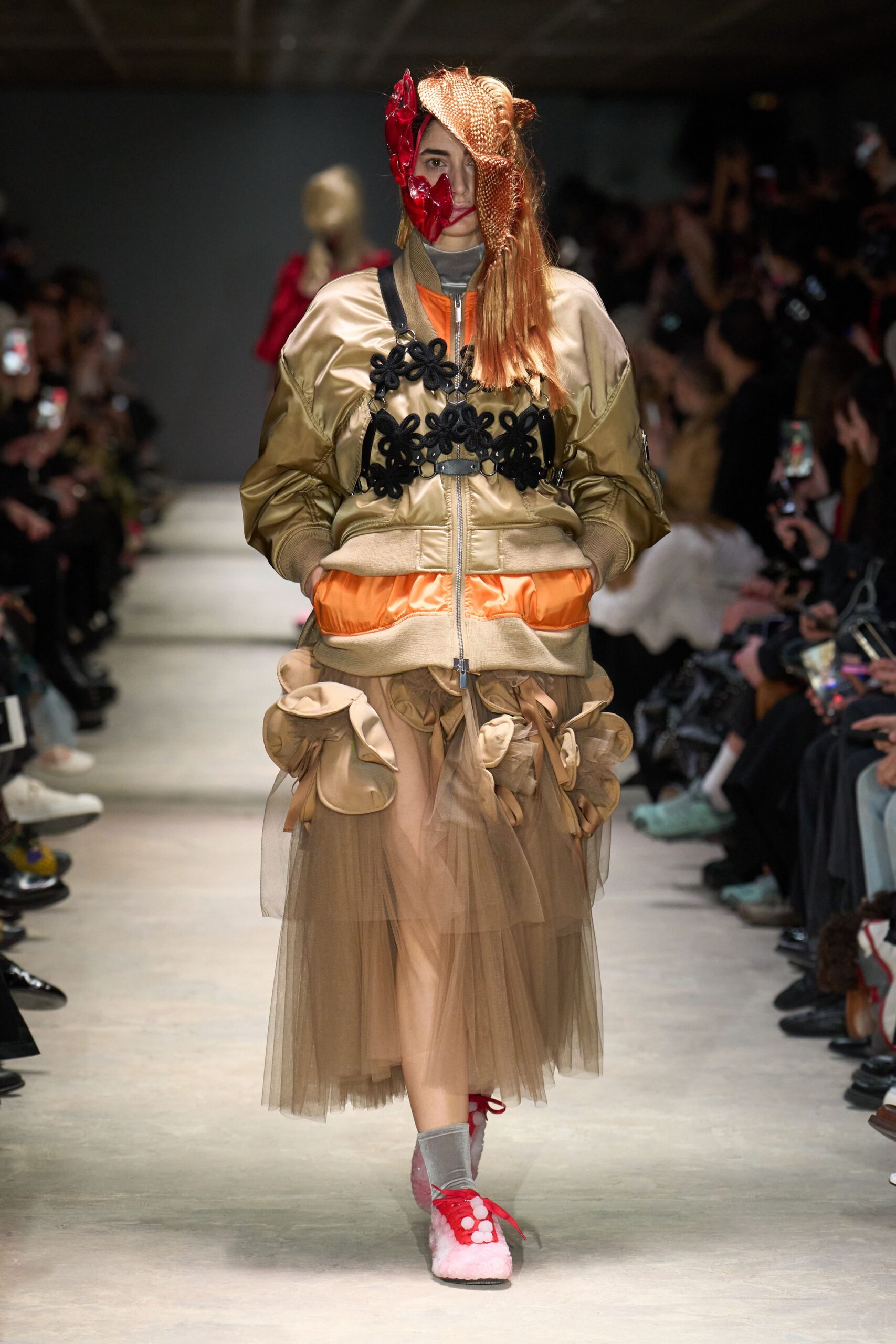 gold satin relaxed jacket with beige tiered skirt