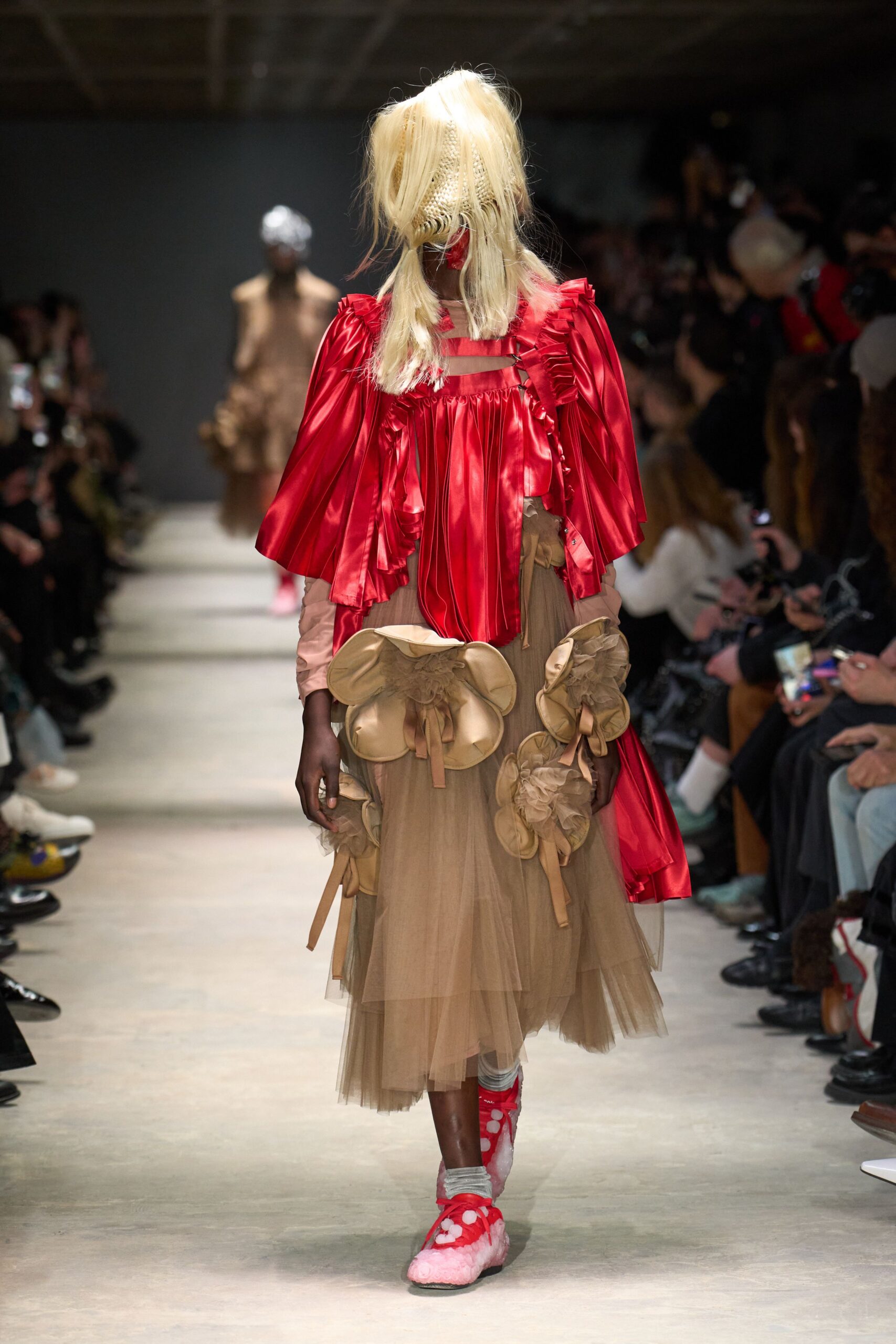 red silk long-sleeve off-shoulder fitted pleated ruffled dress