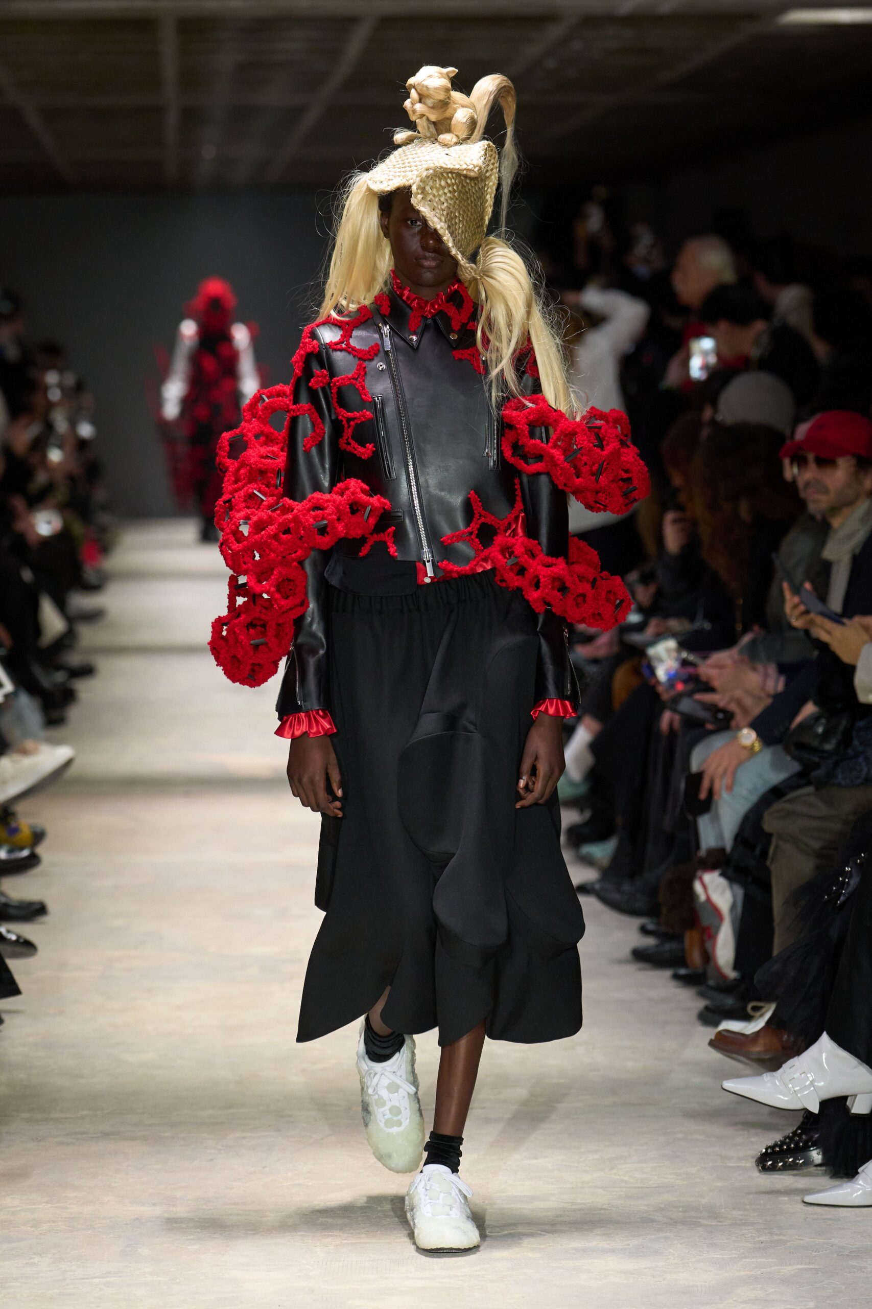 black leather long-sleeve collared fitted ruffled embroidered jacket