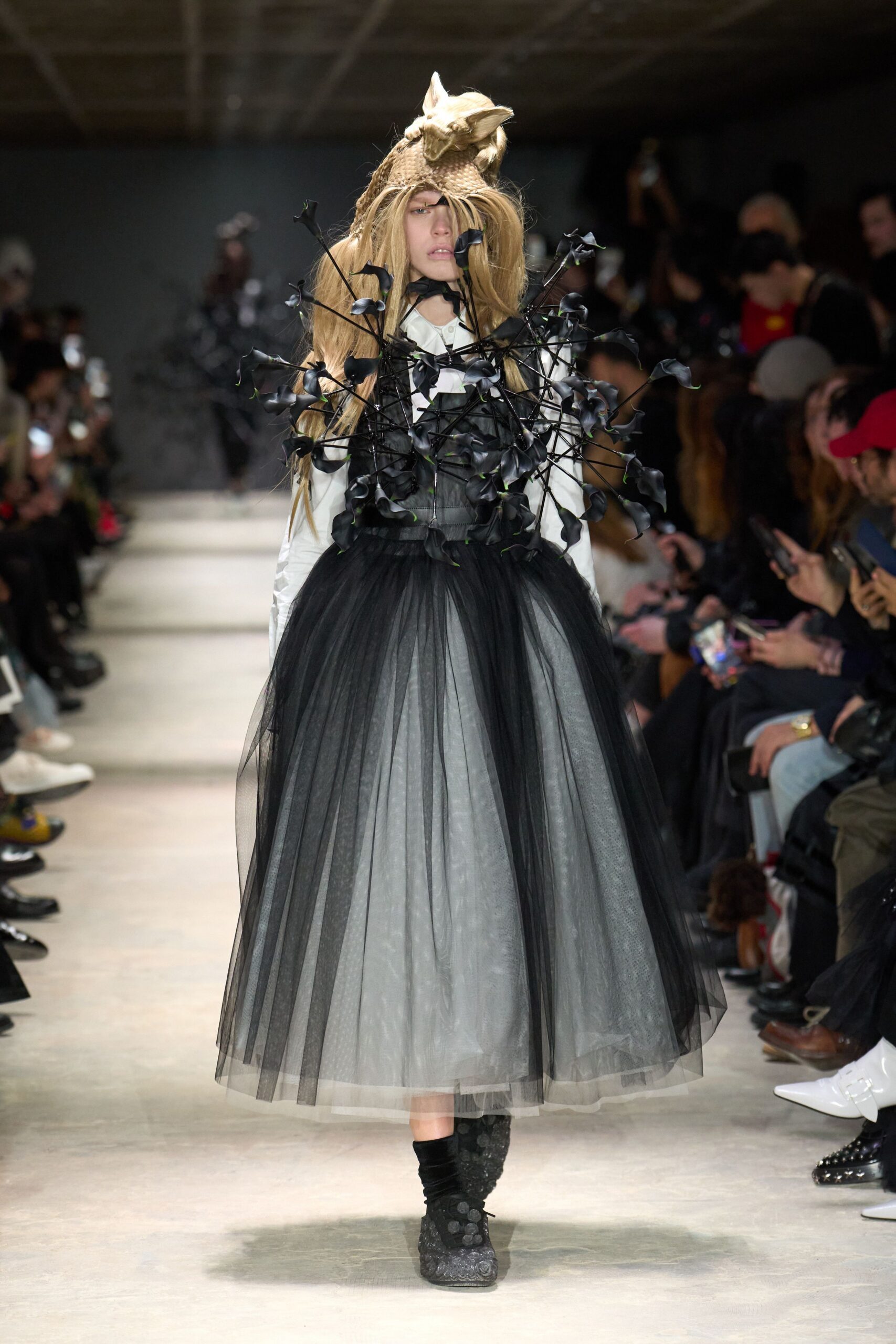 black tulle long-sleeve high-neck fitted layered pleated dress