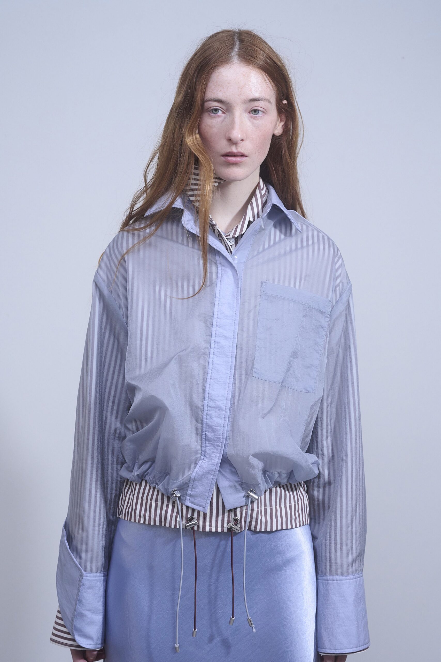 blue striped shirt with pencil skirt