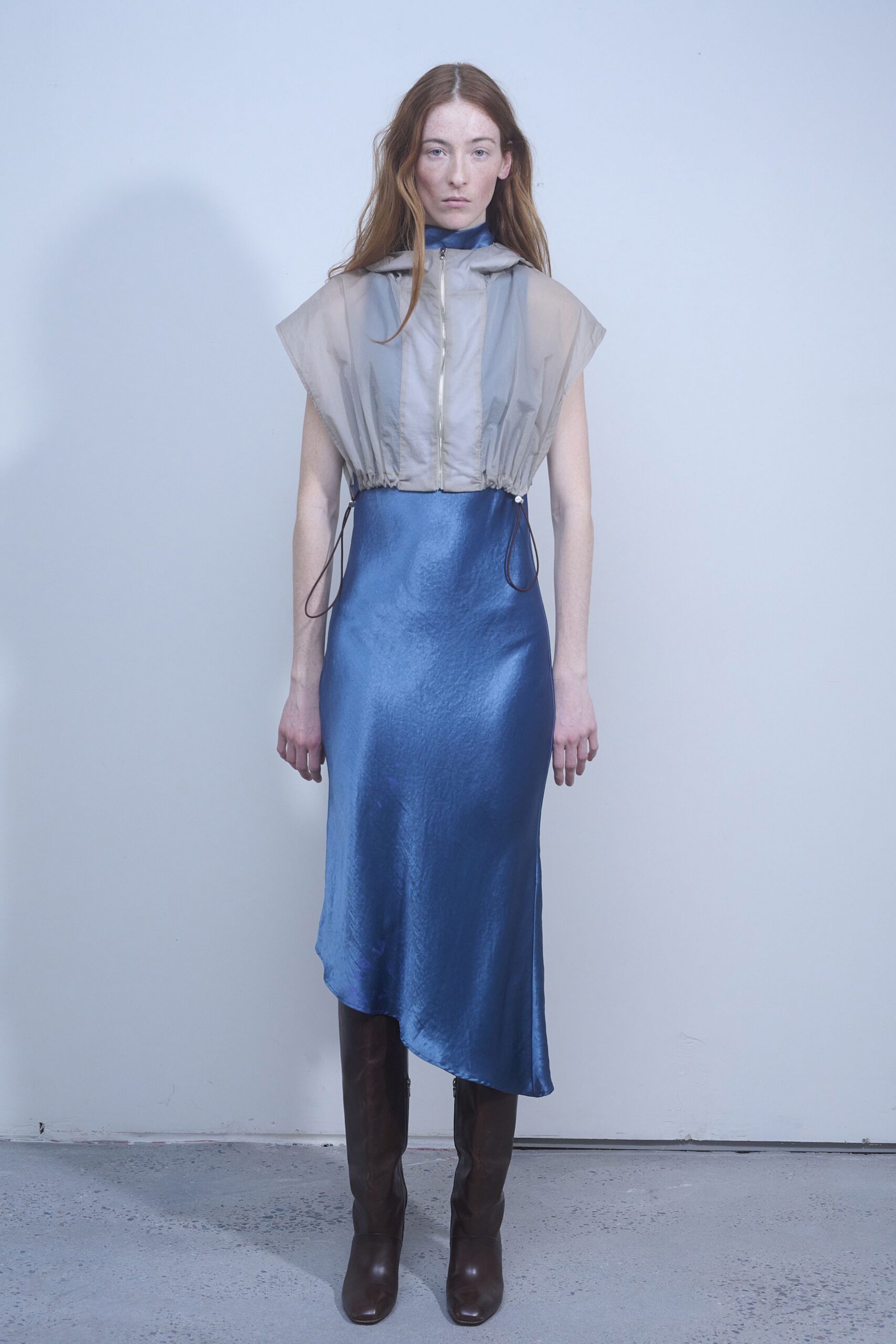 blue silk sleeveless high-neck fitted draped flowing dress