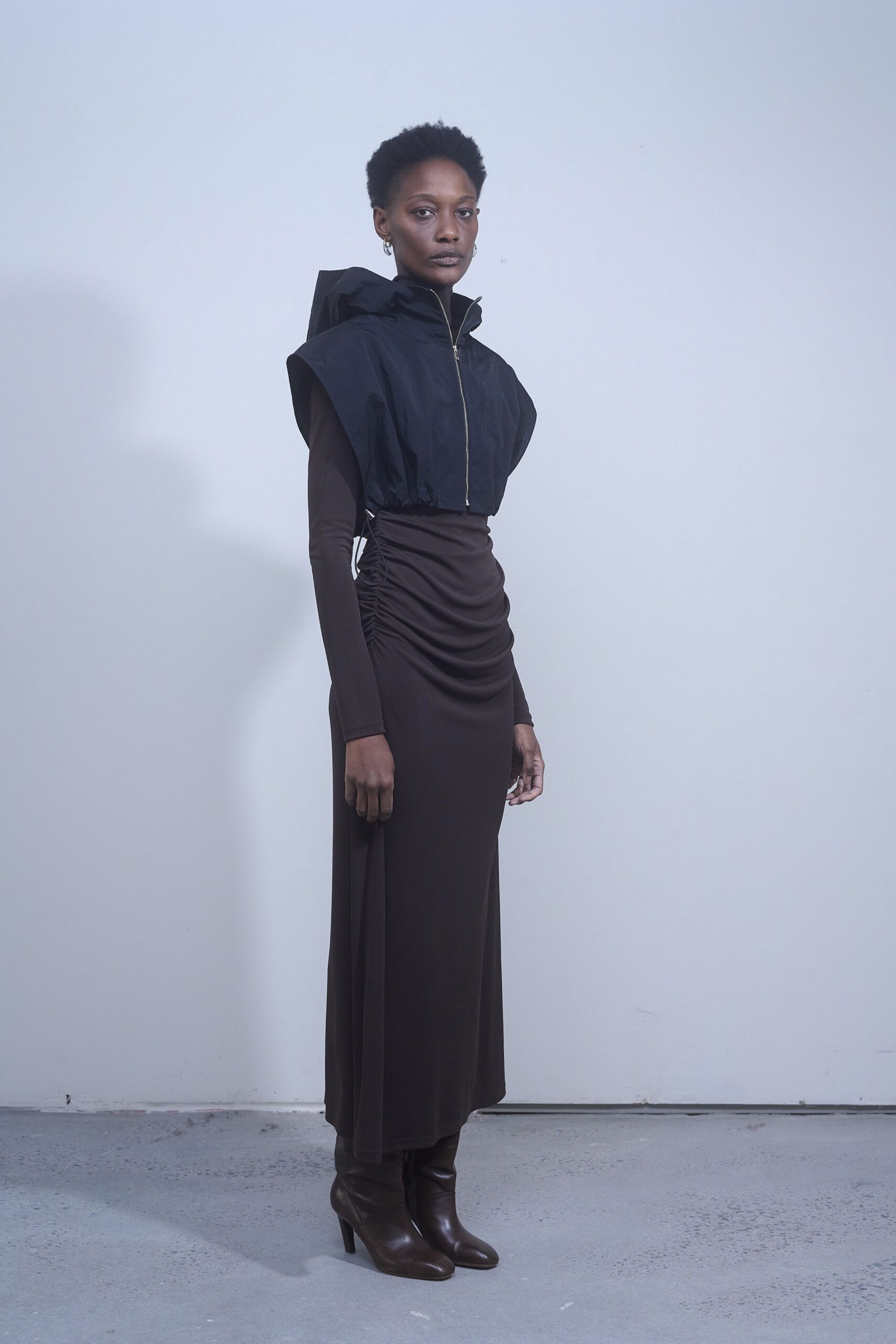 black cotton sleeveless hooded structured jacket