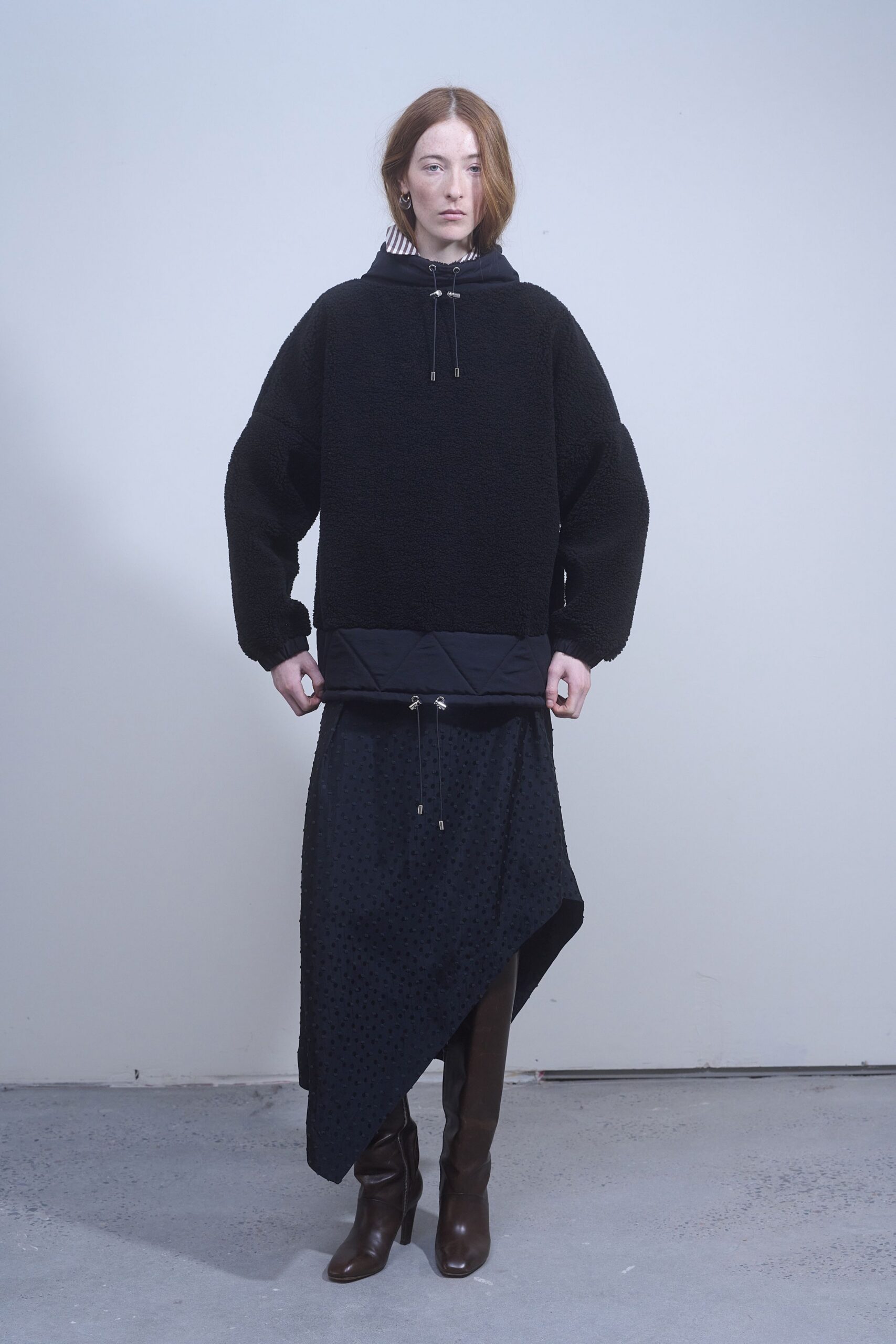 black faux-fur long-sleeve hooded oversized draped top