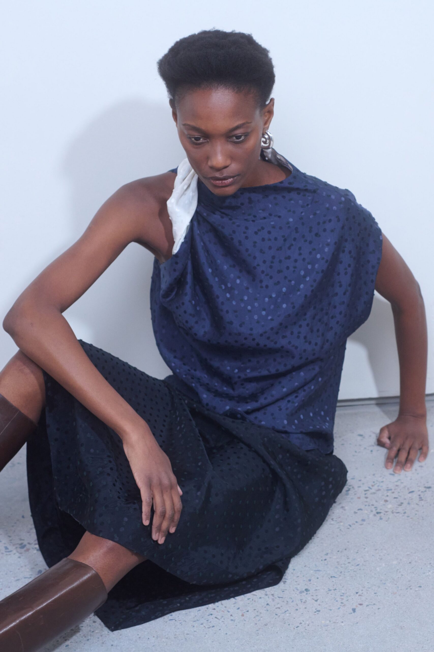 blue silk sleeveless asymmetric relaxed draped polka-dot dress