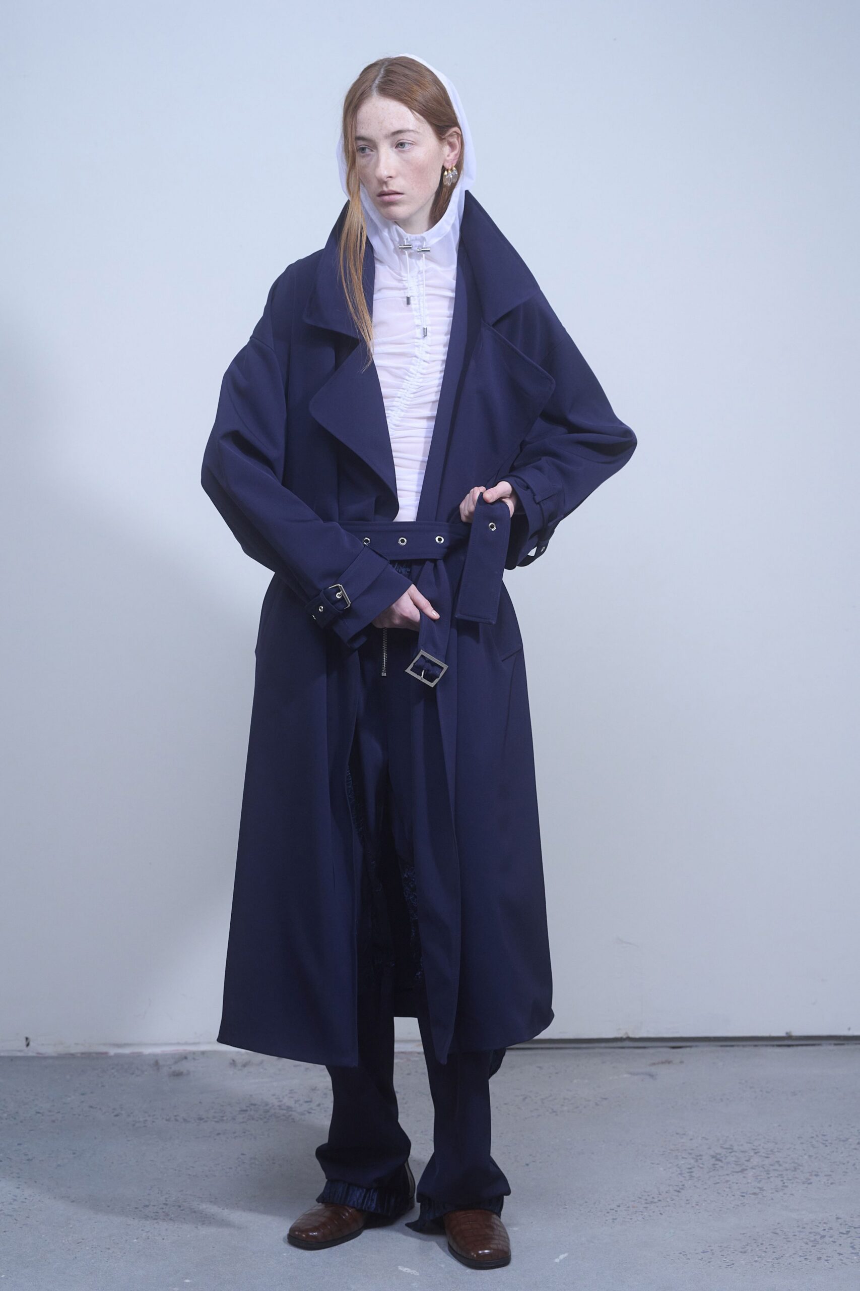 blue cotton tailored straight-leg pants