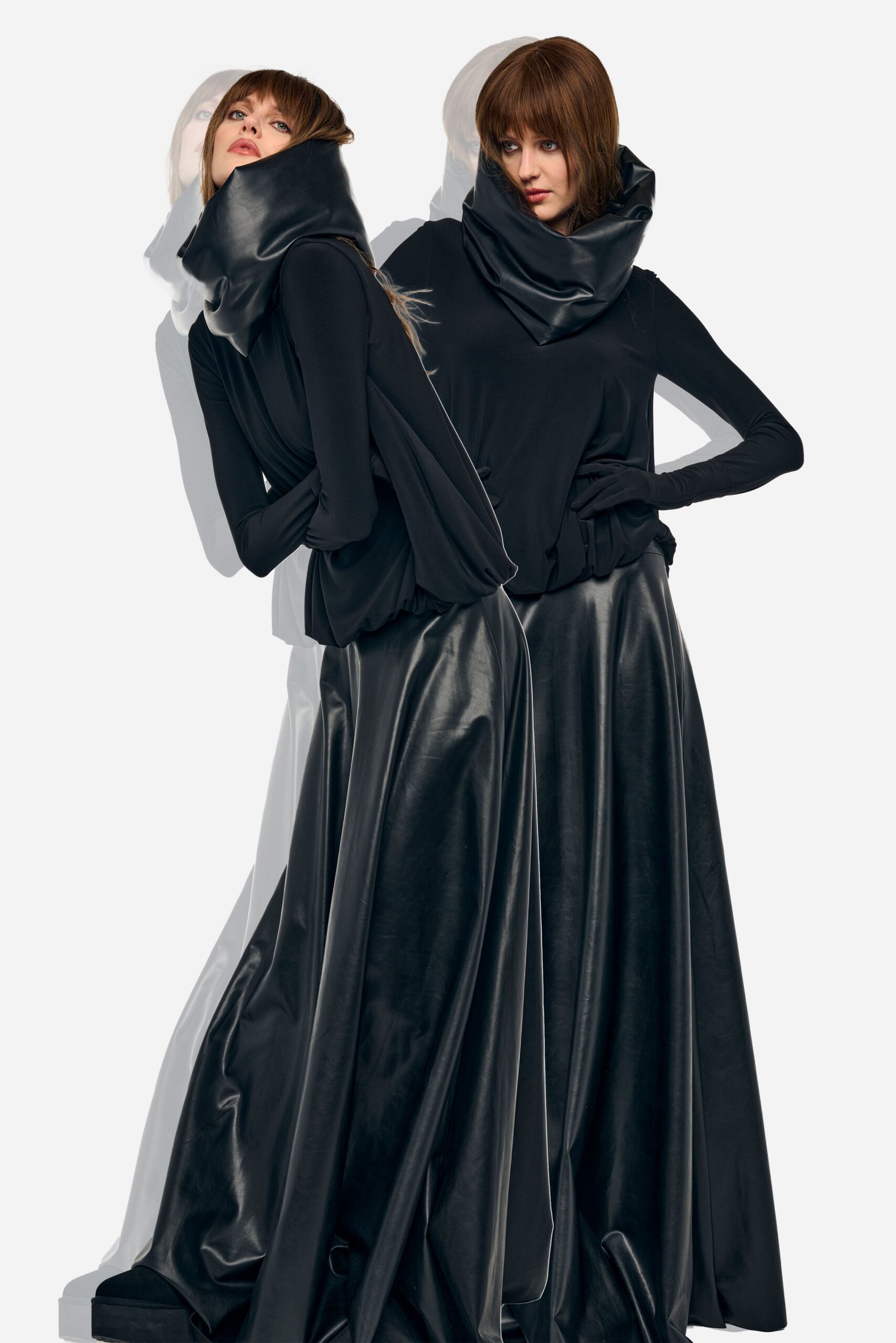 black silk fitted flared flowing maxi skirt