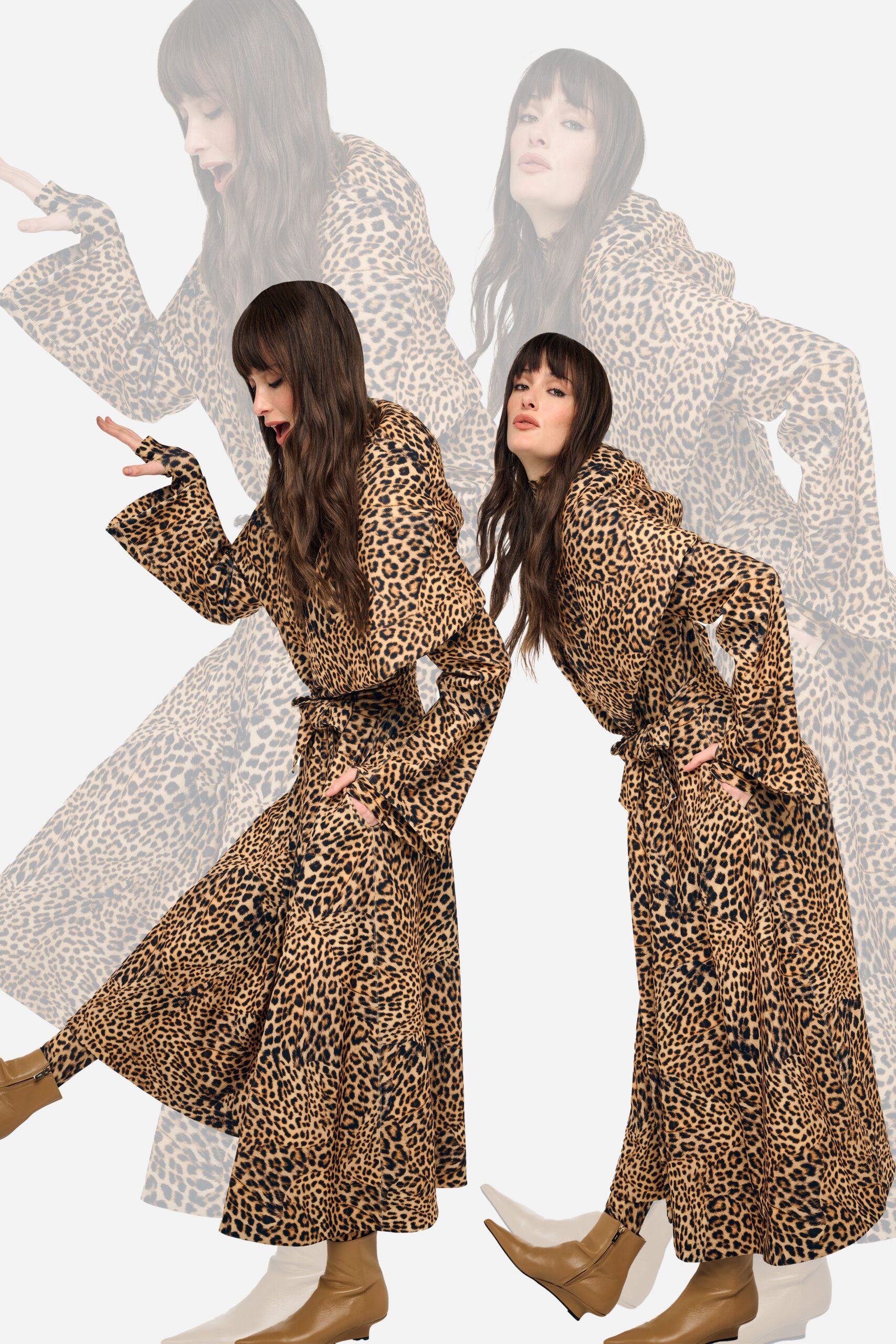 brown animal-print maxi dress with boots