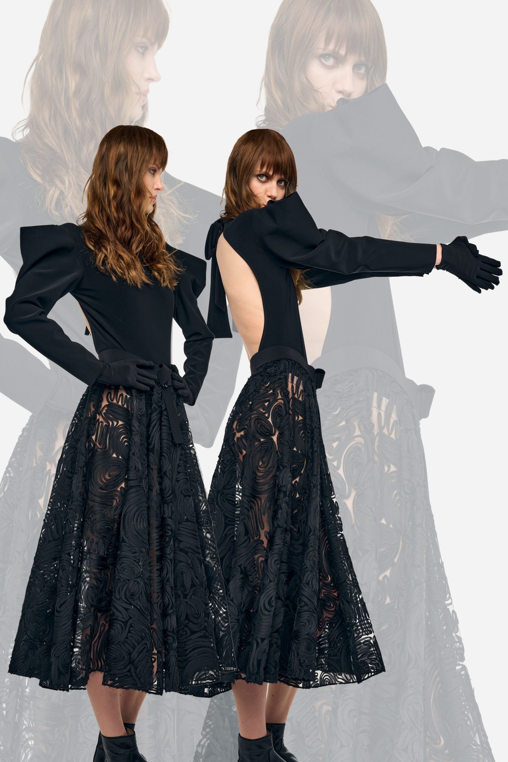 black lace midi dress with gloves