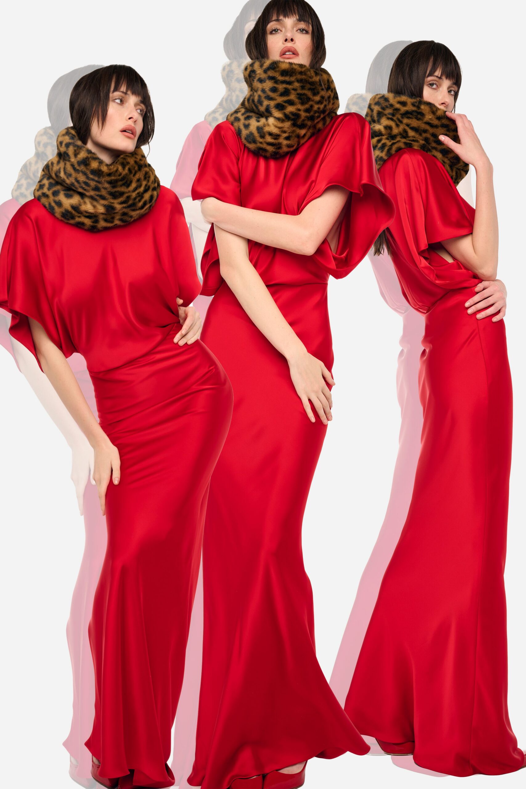 red satin short-sleeve v-neck fitted flared shiny gown