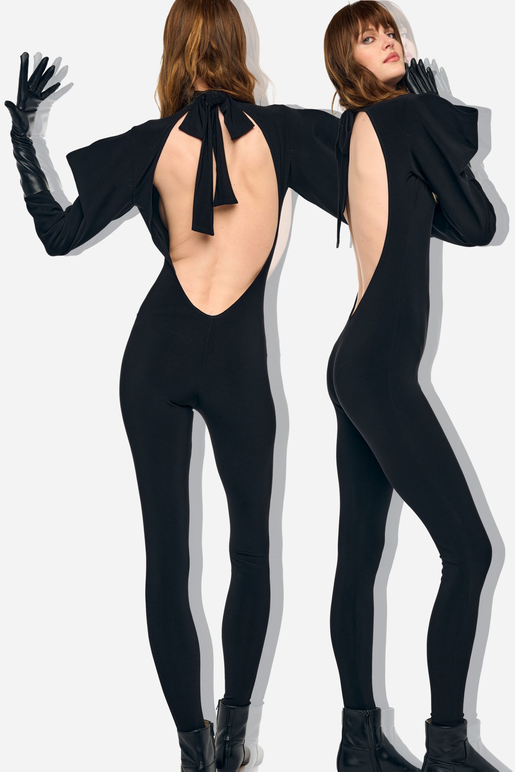 black fitted catsuit with gloves