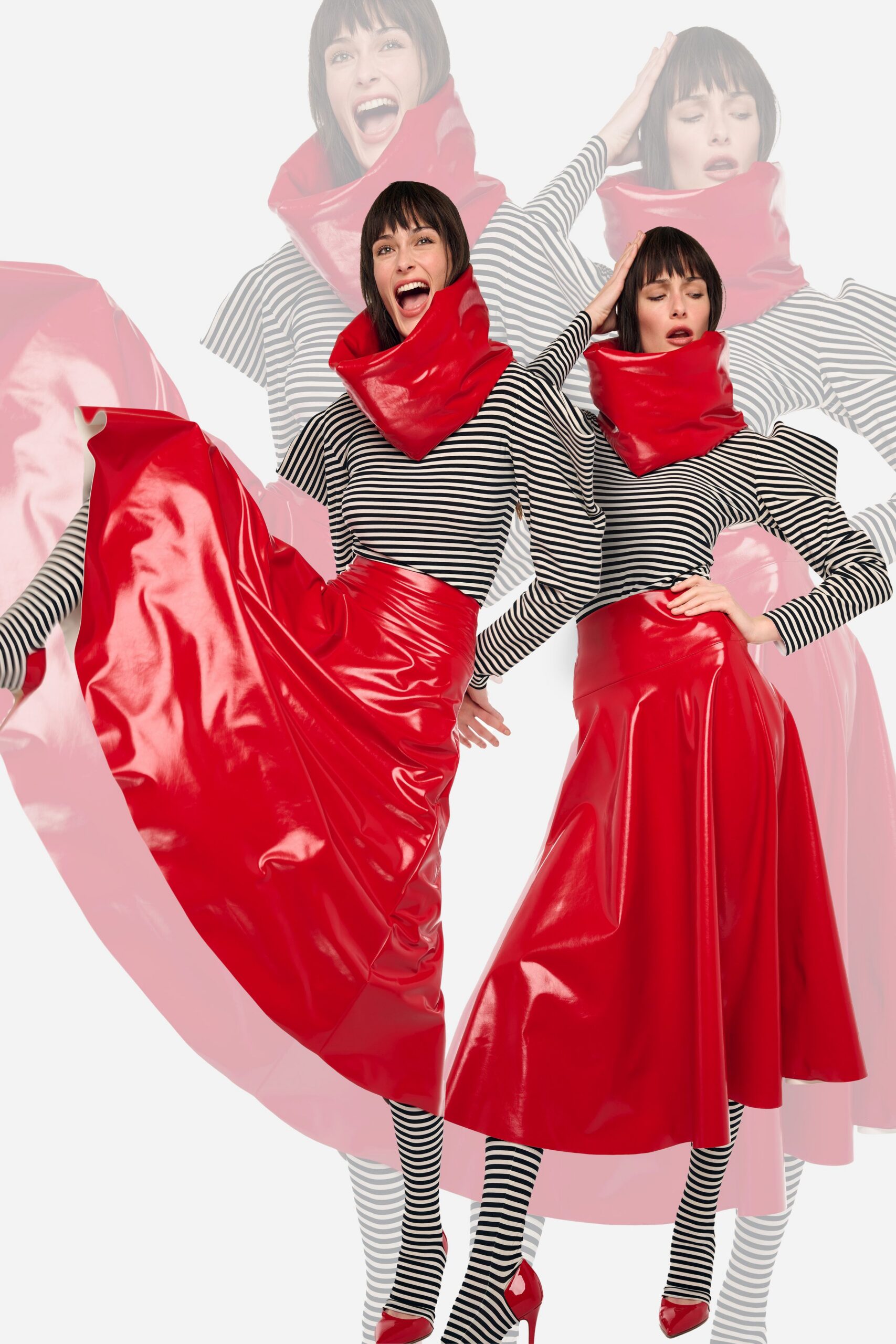 striped top with red vinyl skirt